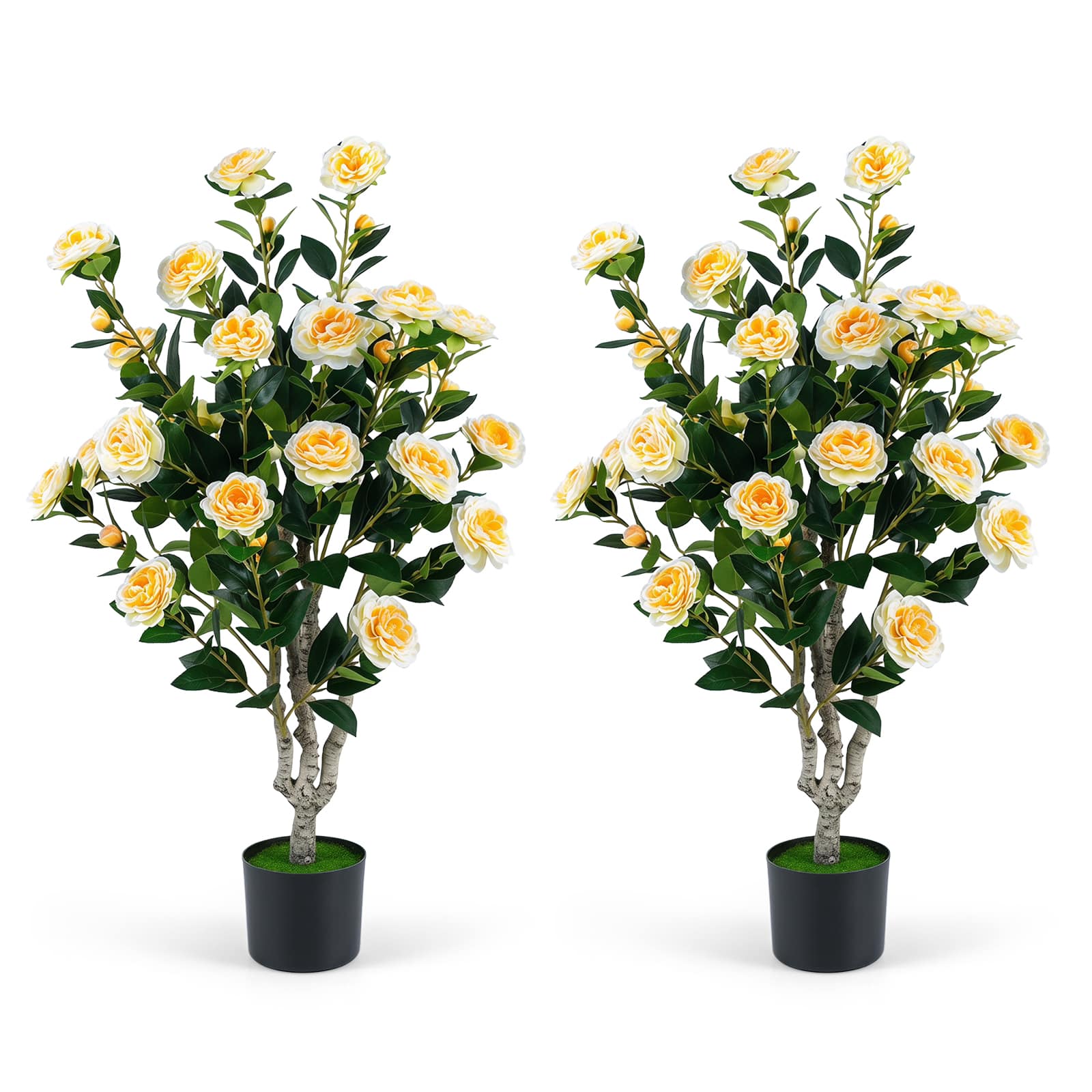 "Costway - 2PCS 39.5"" Artificial Camellia Tree Faux Flower Plant Tree in Cement-Filled Pot - Yellow" price history on PriceWatchPro