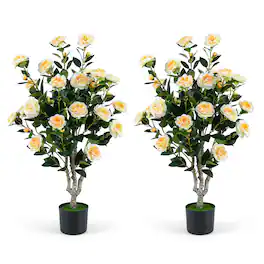 Costway - 2PCS 39.5" Artificial Camellia Tree Faux Flower Plant Tree in Cement-Filled Pot - Yellow