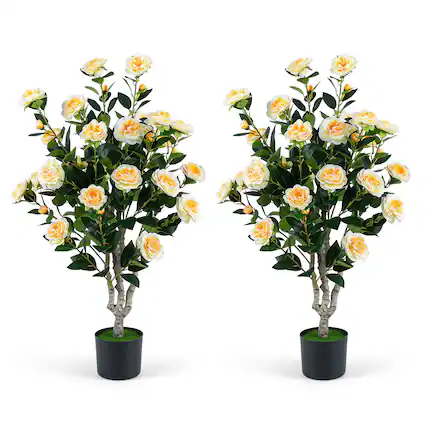 Front. Costway - Costway 2PCS 39.5" Artificial Camellia Tree Faux Flower Plant Tree in Cement-Filled Pot - Yellow.