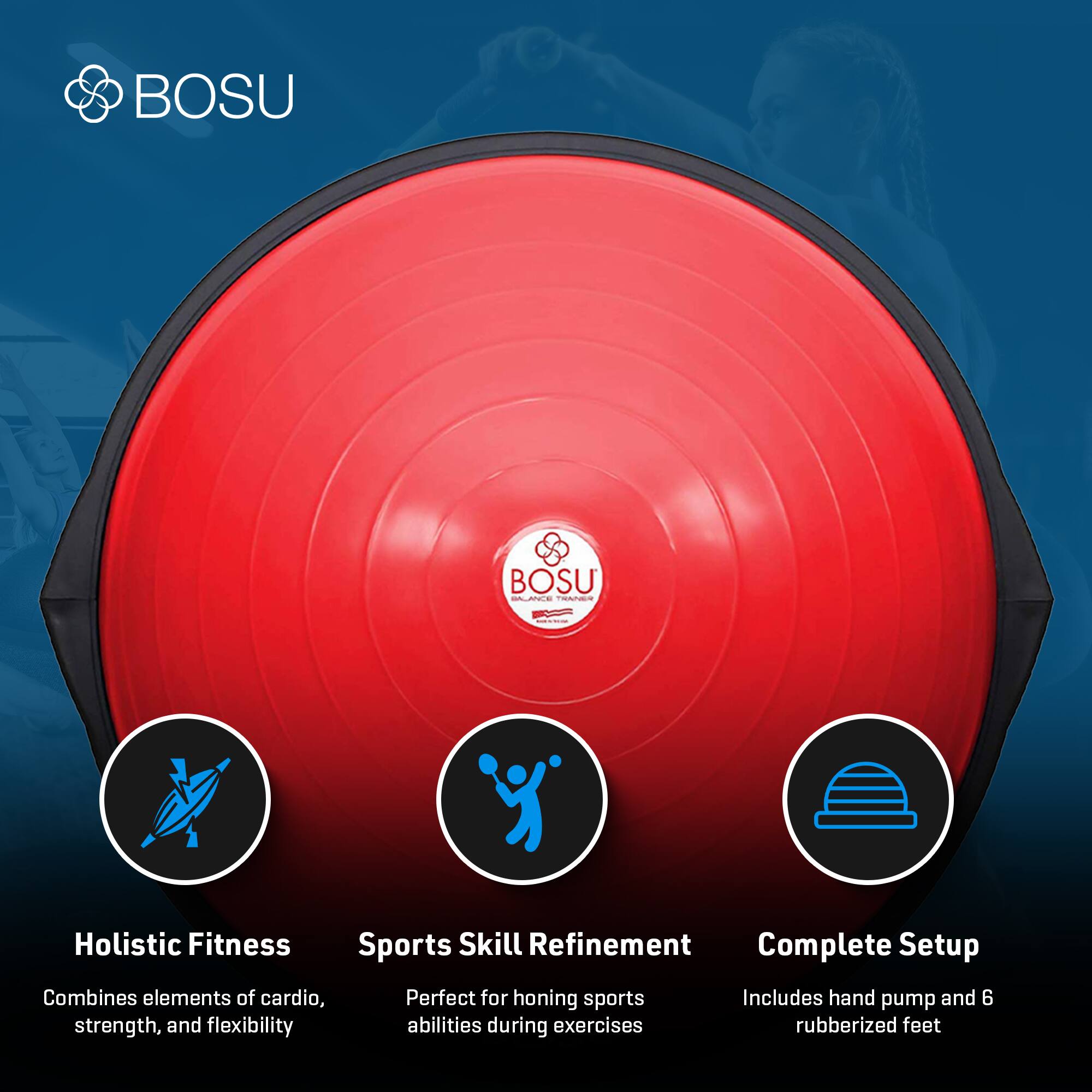 BOSU BOSU SAANCE A Holistic Fitness Sports Skill Refinement Complete Setup Combines elements of cardio, strength, and flexibility Perfect for honing sports abilities during exercises Includes hand pump and 6 rubberized feet