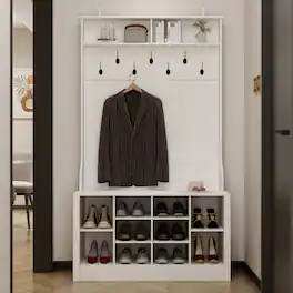 FUFU & GAGA - Hall Tree with Coat Rack Shoe Storage Bench and Shelves for Organized and Stylish Entryway - White
