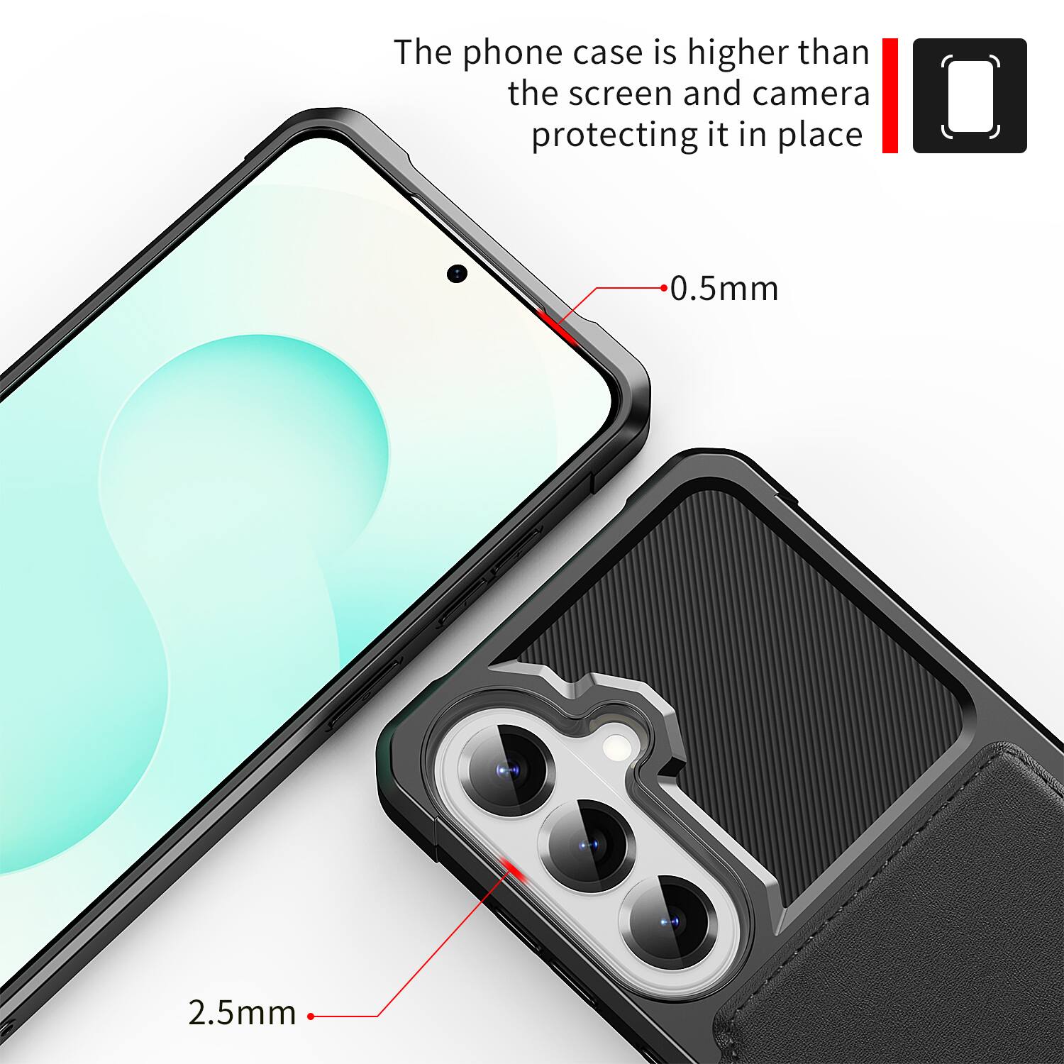 The phone case is higher than the screen and camera protecting it in place. 0.5mm 2.5mm