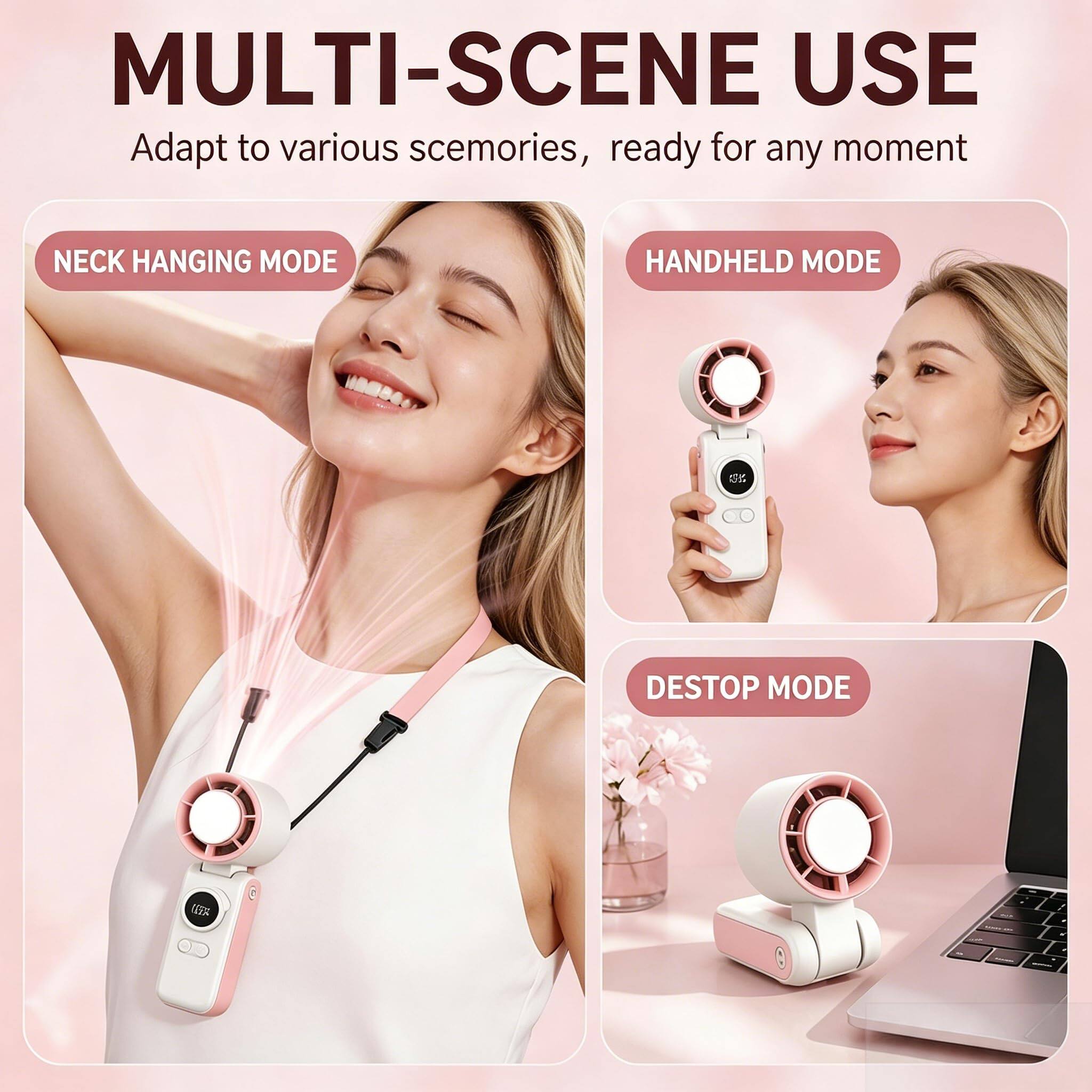 MULTI-SCENE USE  
Adapt to various scenarios, ready for any moment  

NECK HANGING MODE  
HANDHELD MODE  
DESKTOP MODE