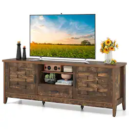 Costway - TV Stand with 2 Woven Accent Doors, Storage Drawer 3 Adjustable Shelves for 65" TVs - Rustic Brown