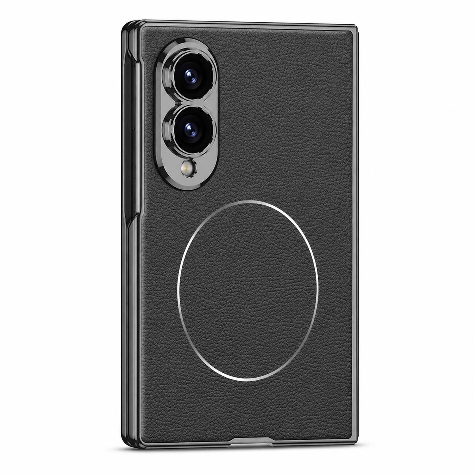 Angle. Dteck - Magnetic Back Cover for Samsung Galaxy Z Fold 8 with Tempered Glass Screen Protector, Shockproof PU Leather Cover - Black.