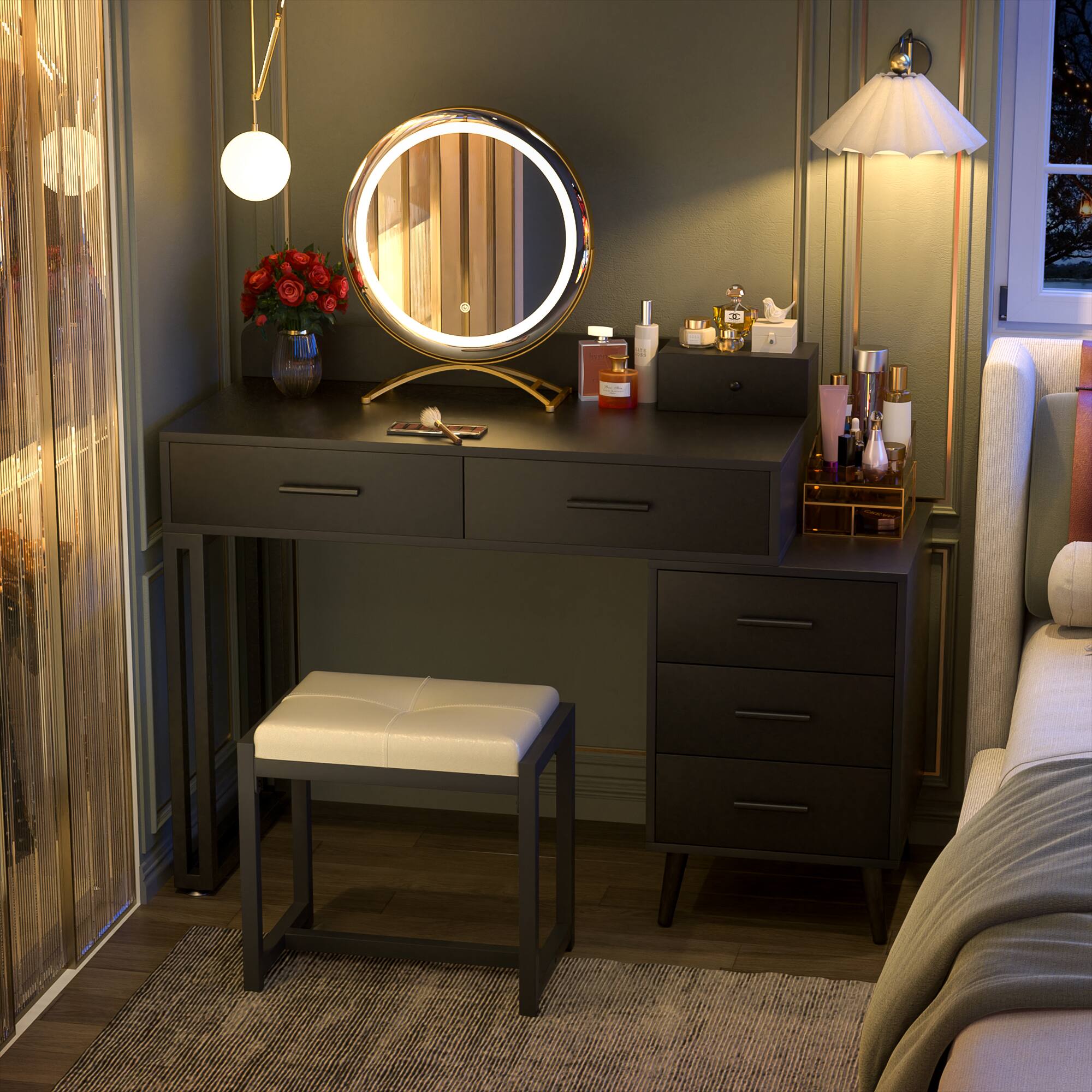 Left. Aheaplus - Modern Vanity Desk with LED Mirror & 6 Drawers - Includes Cushioned Stool & Organizers for Bedroom - Black.
