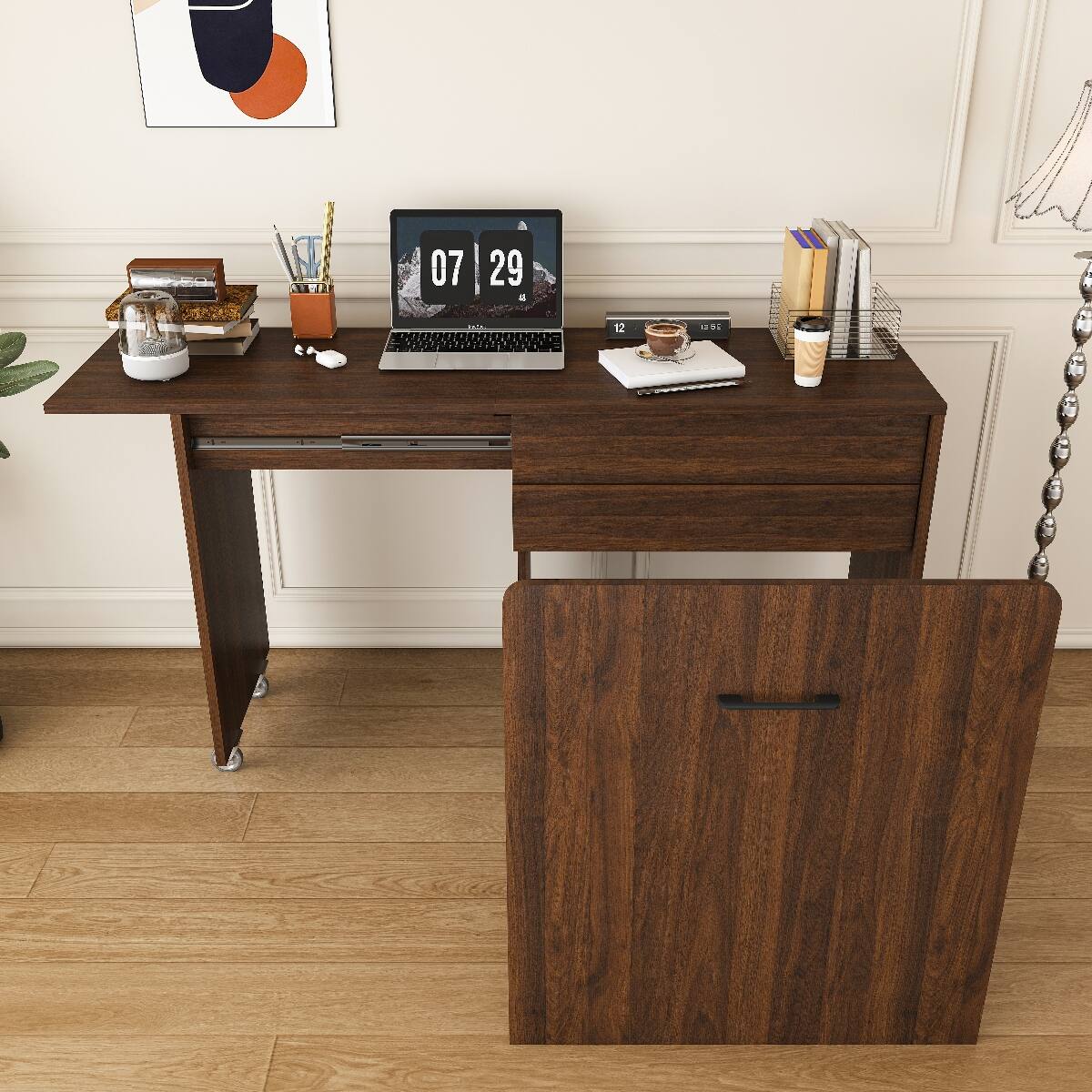 Alt View 8. Loheer - Loheer 47 inch foldable makeup vanity desk with flip mirror, Walnut - Walnut.