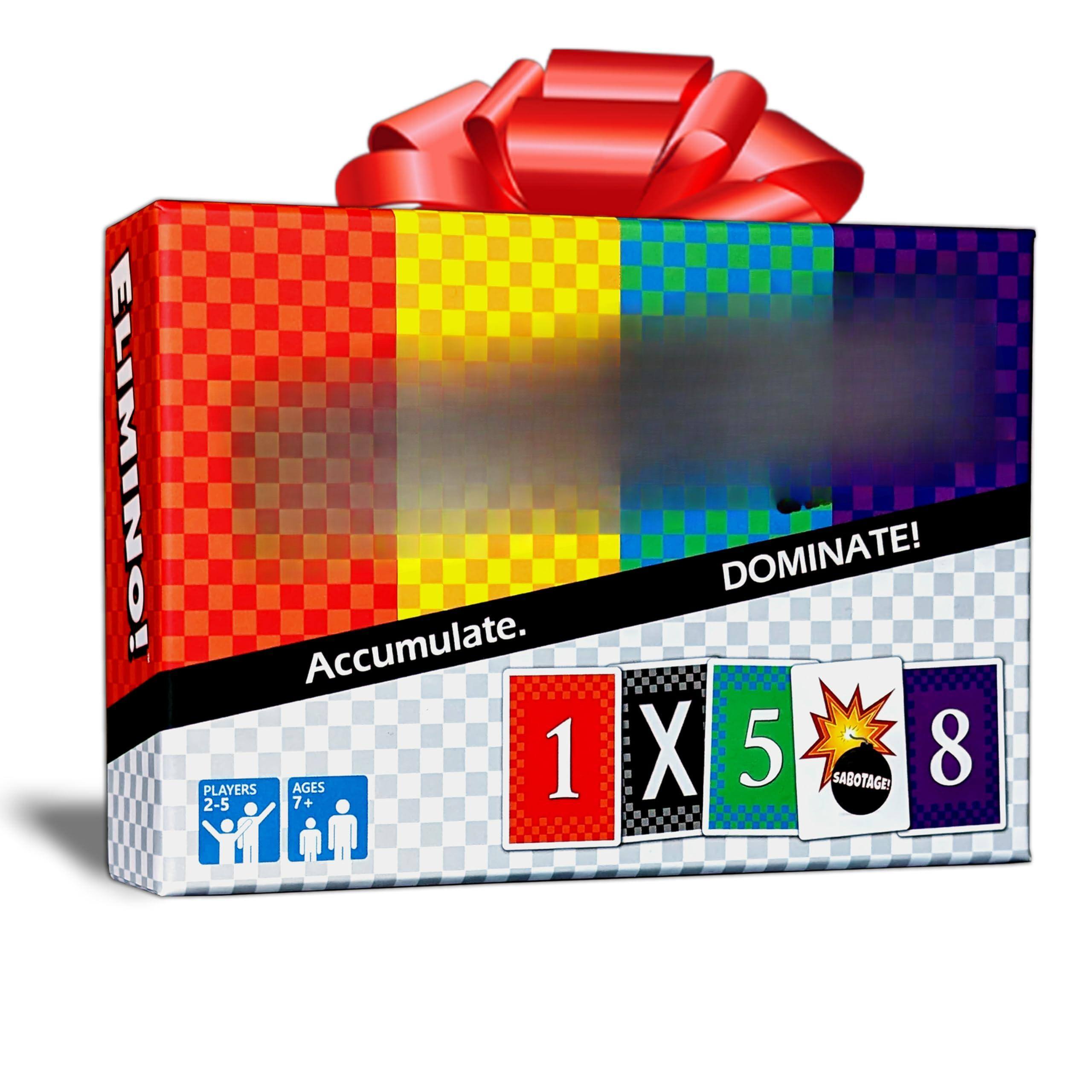 Sure, here is the corrected and grouped text from the image:

---

**ELIMINO!**

**Accumulate.**

**DOMINATE!**

**PLAYERS 2-5**

**AGES 7+**

**1** **X** **5** **SABOTAGE!** **8**

---