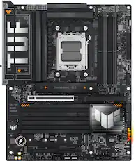 The text on the image reads: "Get TUF. Game Tough." This is likely a marketing slogan for the TUF Gaming motherboard, which is designed for gaming and tough performance. The motherboard is compatible with AMD Ryzen processors and features an LGA1718 socket, making it suitable for high-performance gaming systems.