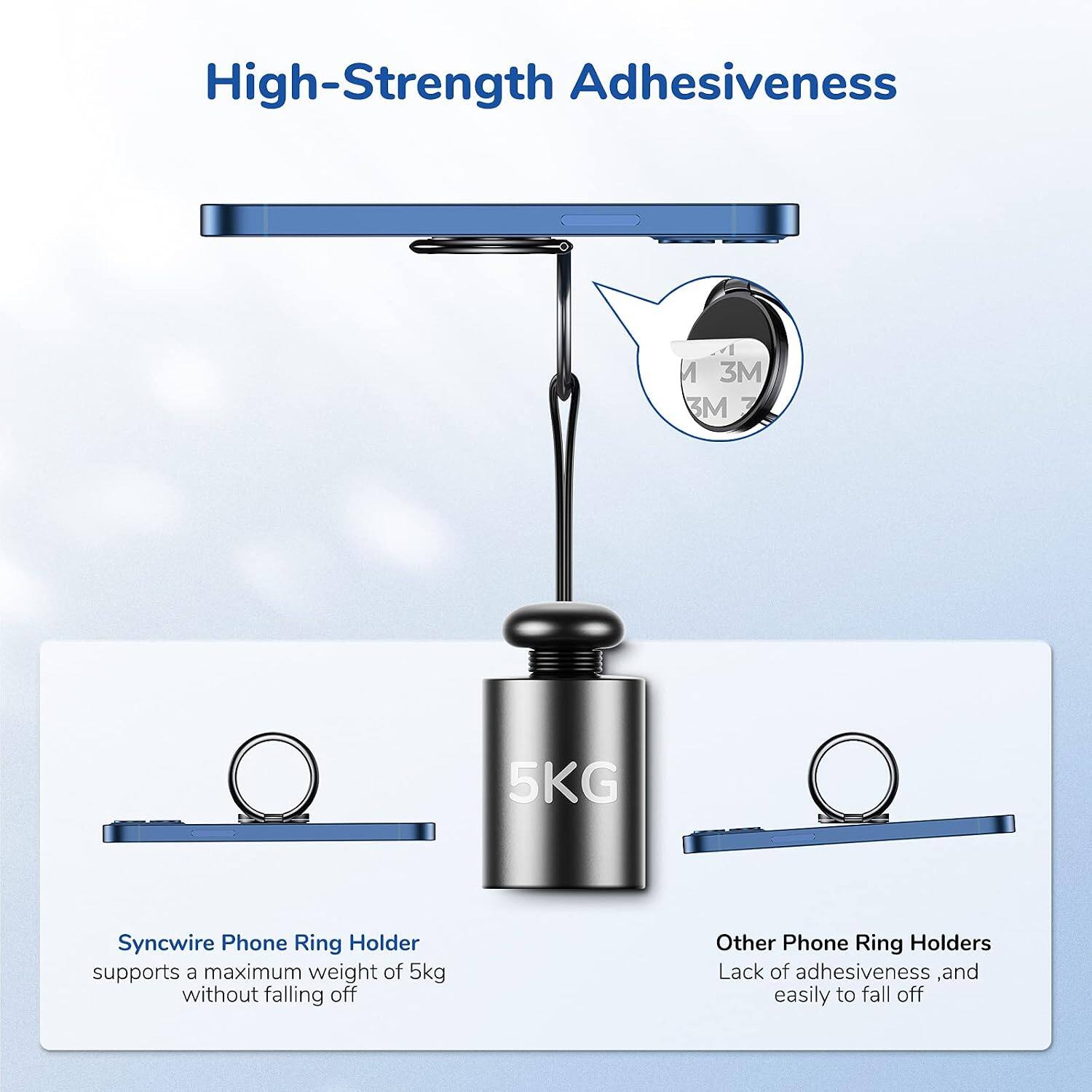 High-Strength Adhesiveness

Syncwire Phone Ring Holder supports a maximum weight of 5kg without falling off

Other Phone Ring Holders Lack of adhesiveness and easily to fall off