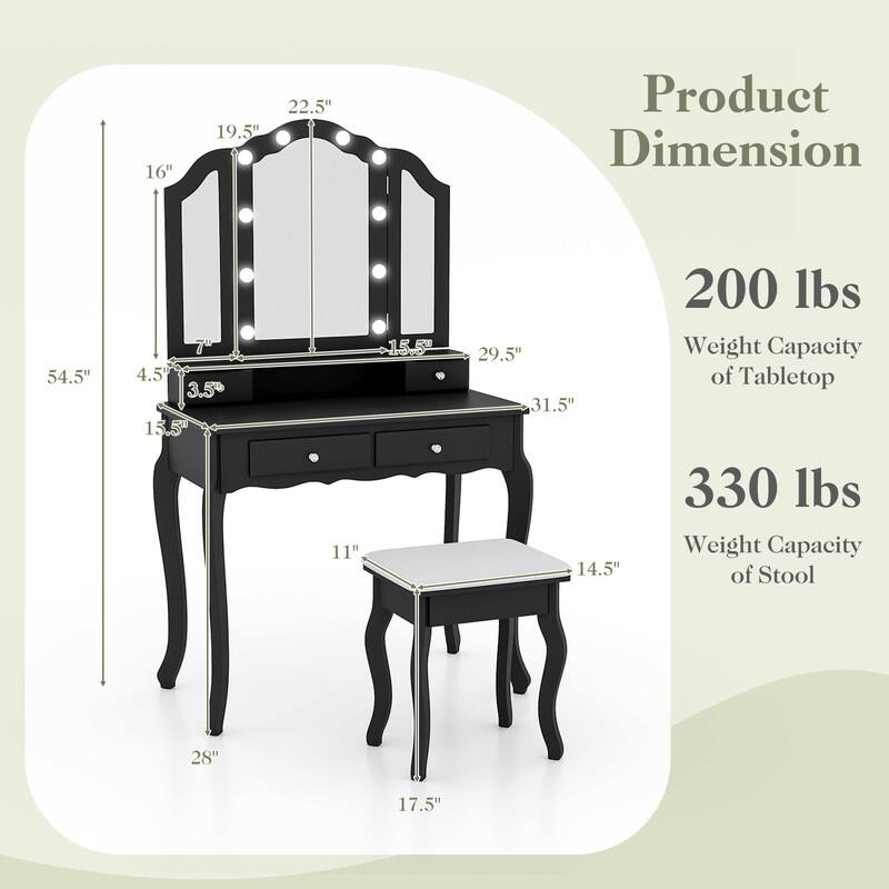 16"  
19.5"  
22.5"  
Product Dimension  
54.5"  
4.5"  
3.5"  
15.5"  
+15.5"  
29.5"  
31.5"  
200 lbs Weight Capacity of Tabletop  
11"  
14.5"  
330 lbs Weight Capacity of Stool  
28"  
17.5"