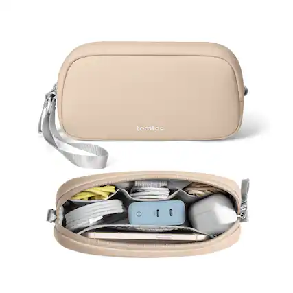 Front. tomtoc - Light-T12 Electronic Accessory Organizer Tech Pouch Cable Bag Travel Case for Cords, Cables, Charger, Small Size - Natura Sand.