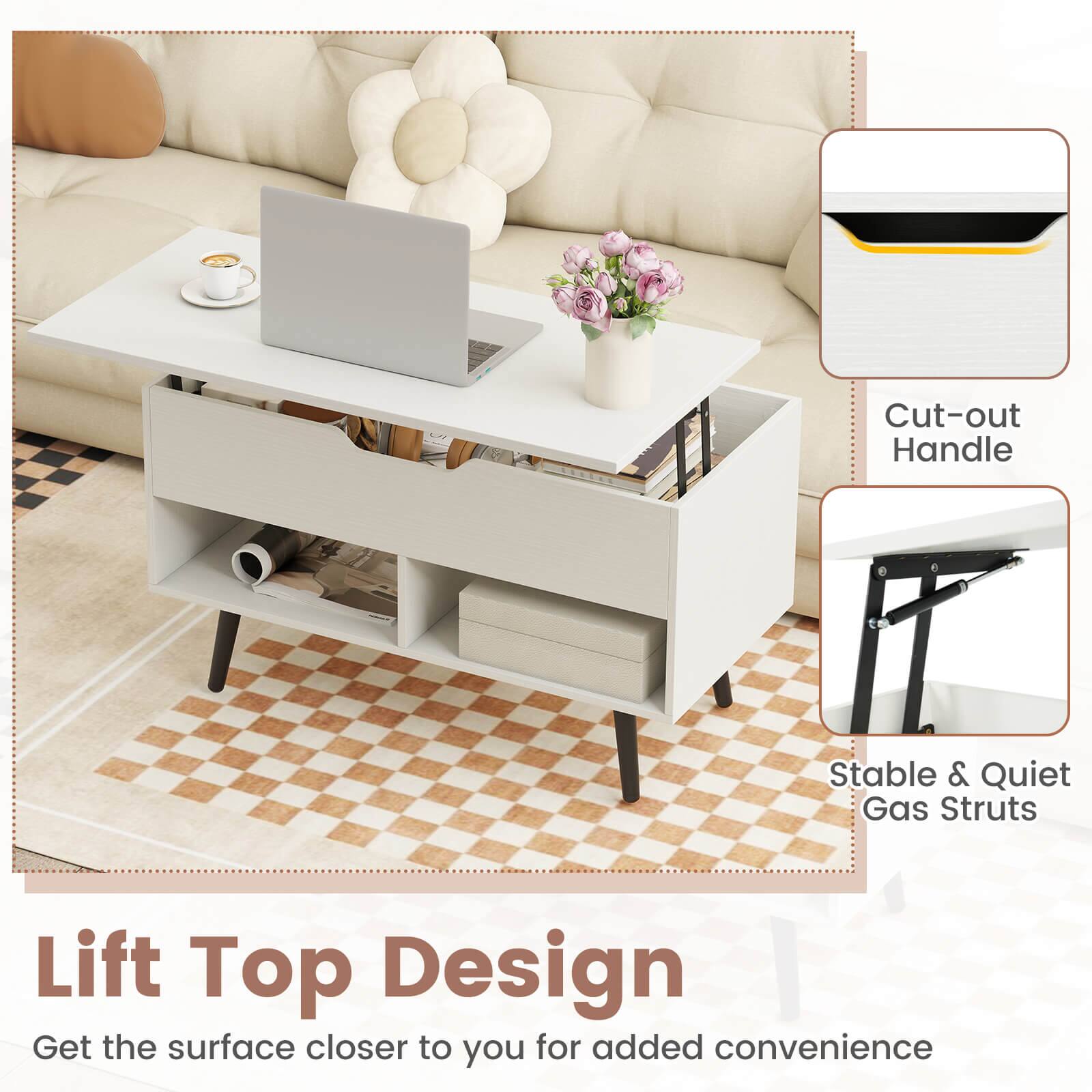 Lift Top Design  
Get the surface closer to you for added convenience  

Cut-out Handle  
Stable & Quiet Gas Struts
