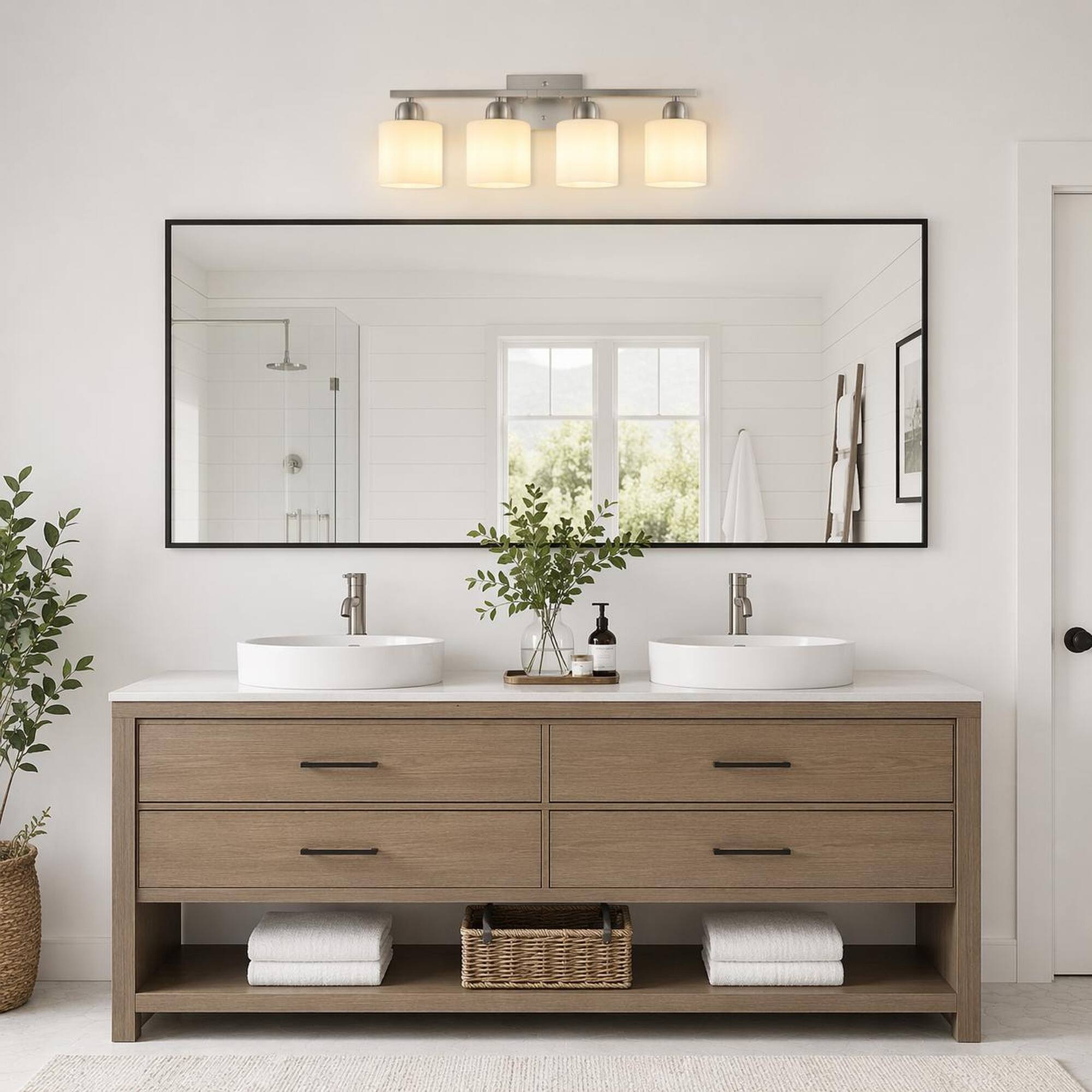 Angle. RYHNUYNE - Modern 4-Light Nickel Bathroom Vanity Light with Frosted Glass Shades, Up/Down Wall Sconce for Mirror, Bedroom.