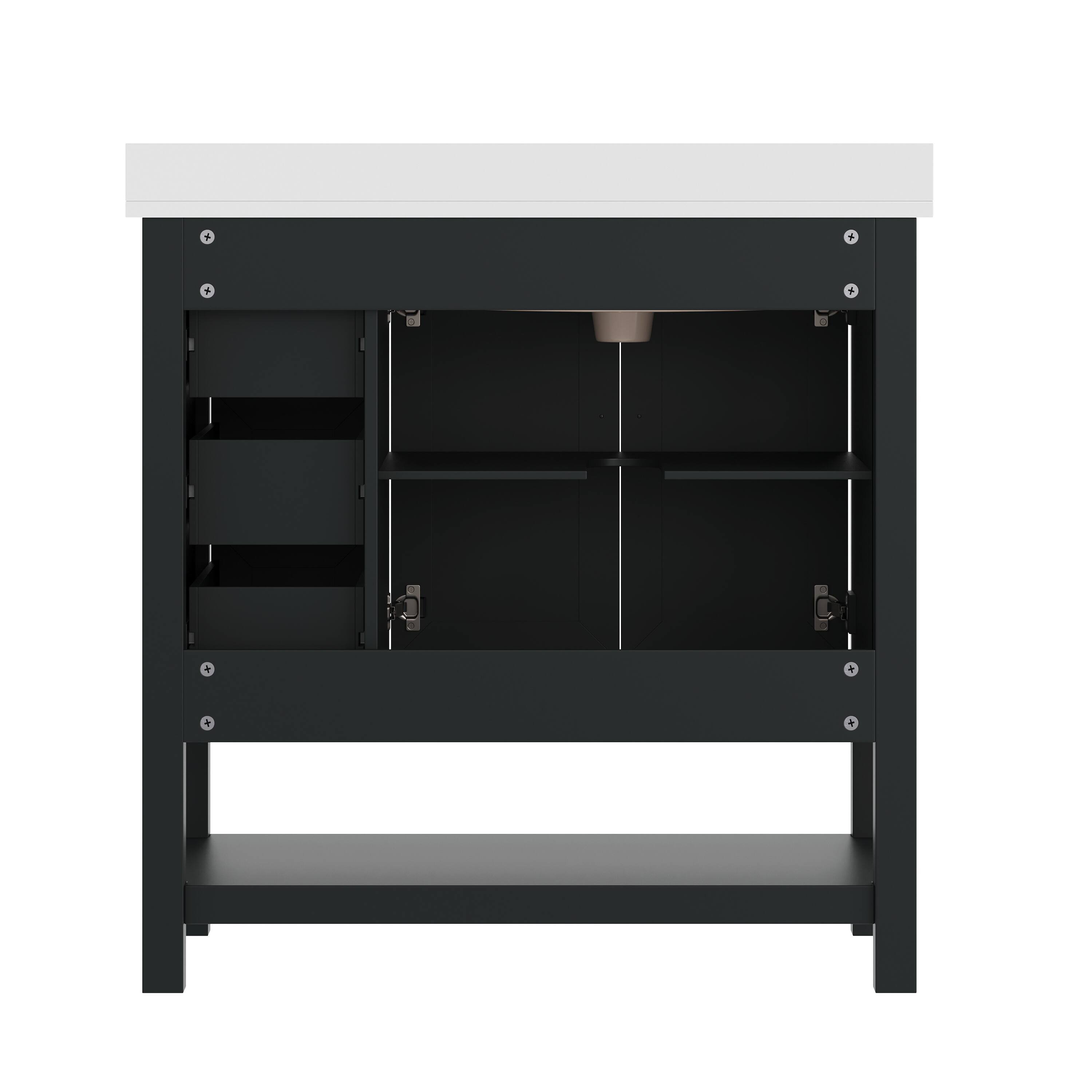 Back. Flash Furniture - Vega 36" Bathroom Vanity with Sink, Cabinet with Black Hardware, Soft Close Doors, Open Shelf & 3 Drawers, Carrara Marbl - Black.