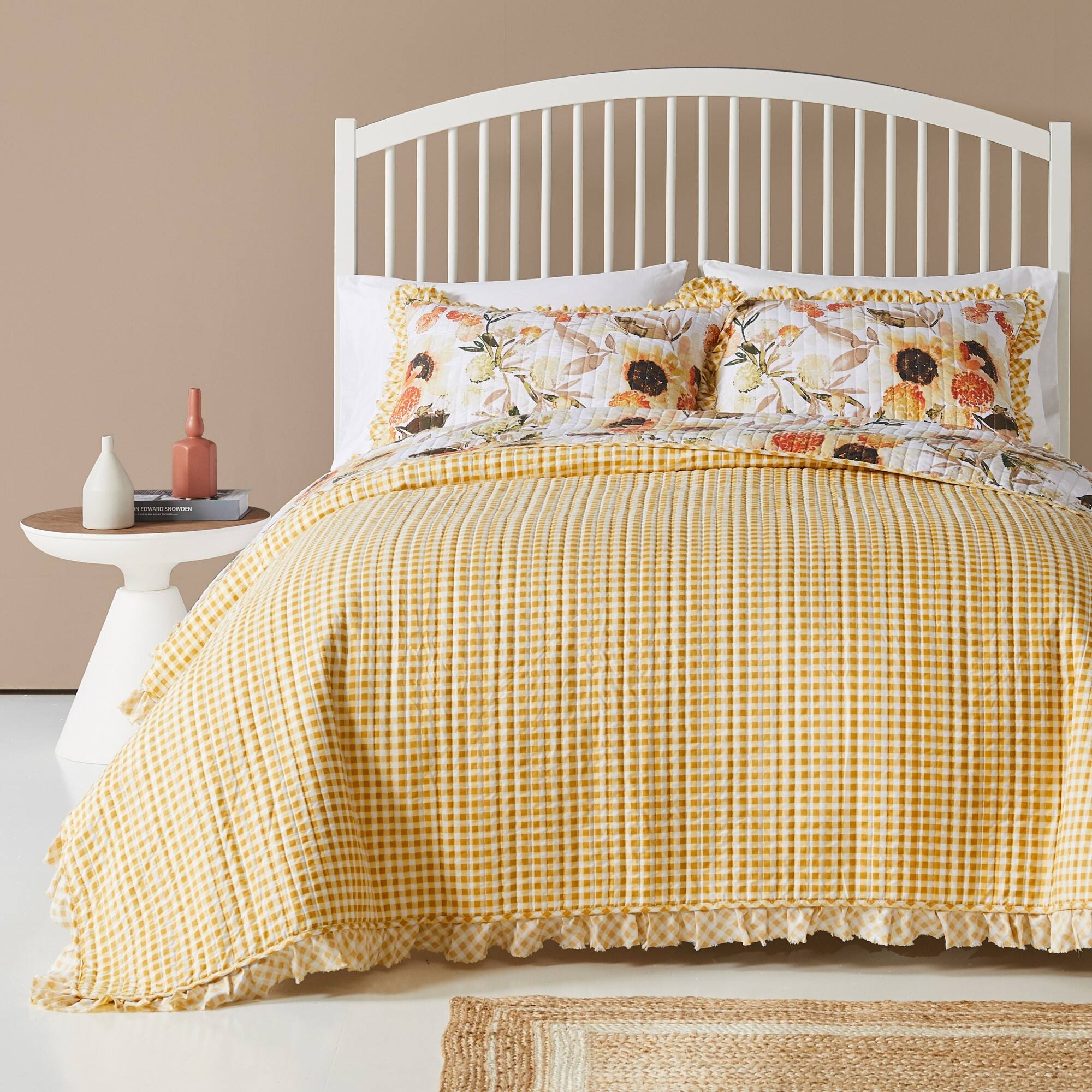 Alt View 2. Greenland Home Fashions - Greenland Home Somerset Ruffled Country Gingham Quilt Set, 3-Piece Full/Queen, Gold - Gold.