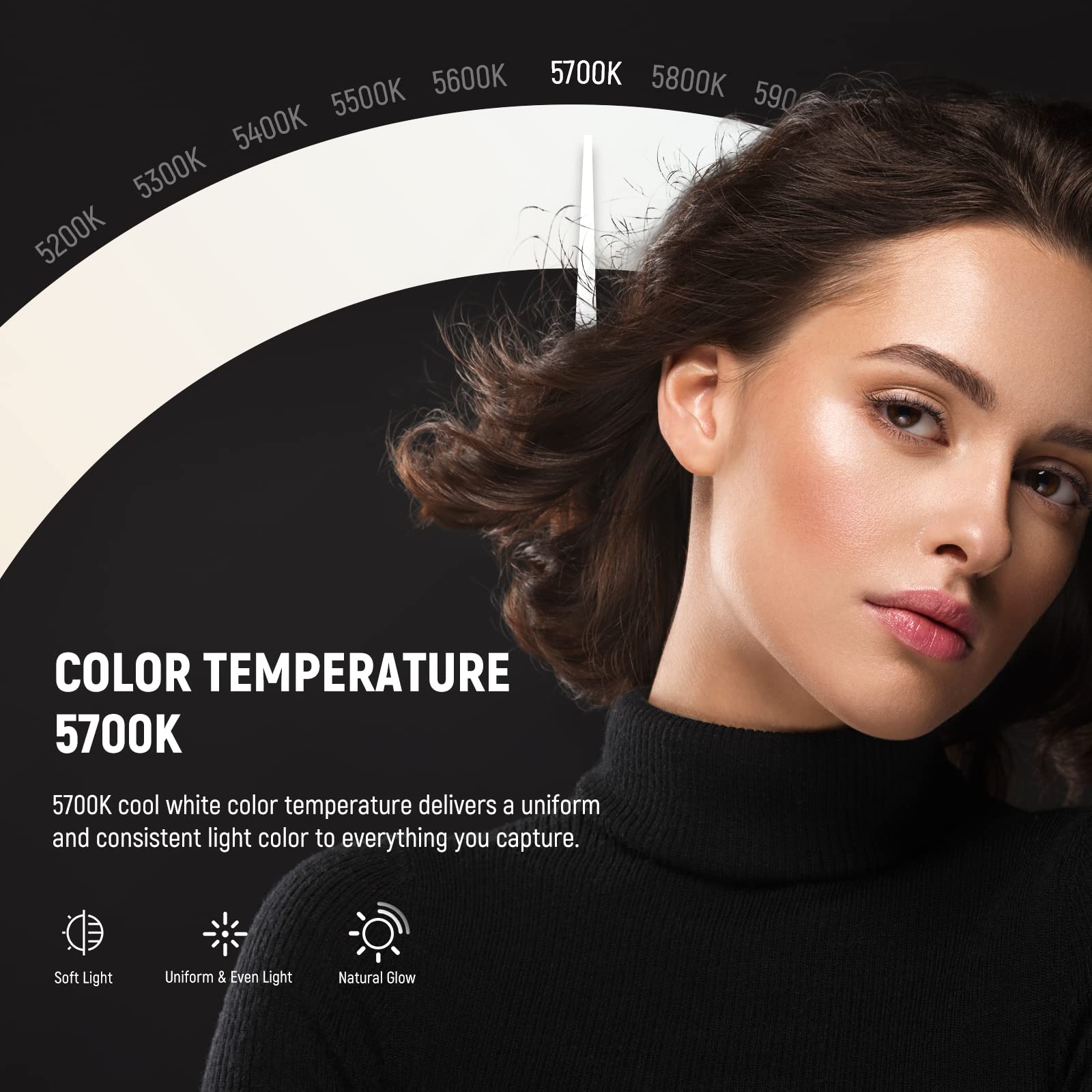 5600K 5700K 5800K 5500K 5900K 5400K 5300K 5200K

COLOR TEMPERATURE

5700K

5700K cool white color temperature delivers a uniform and consistent light color to everything you capture.

Soft Light
Uniform & Even Light
Natural Glow