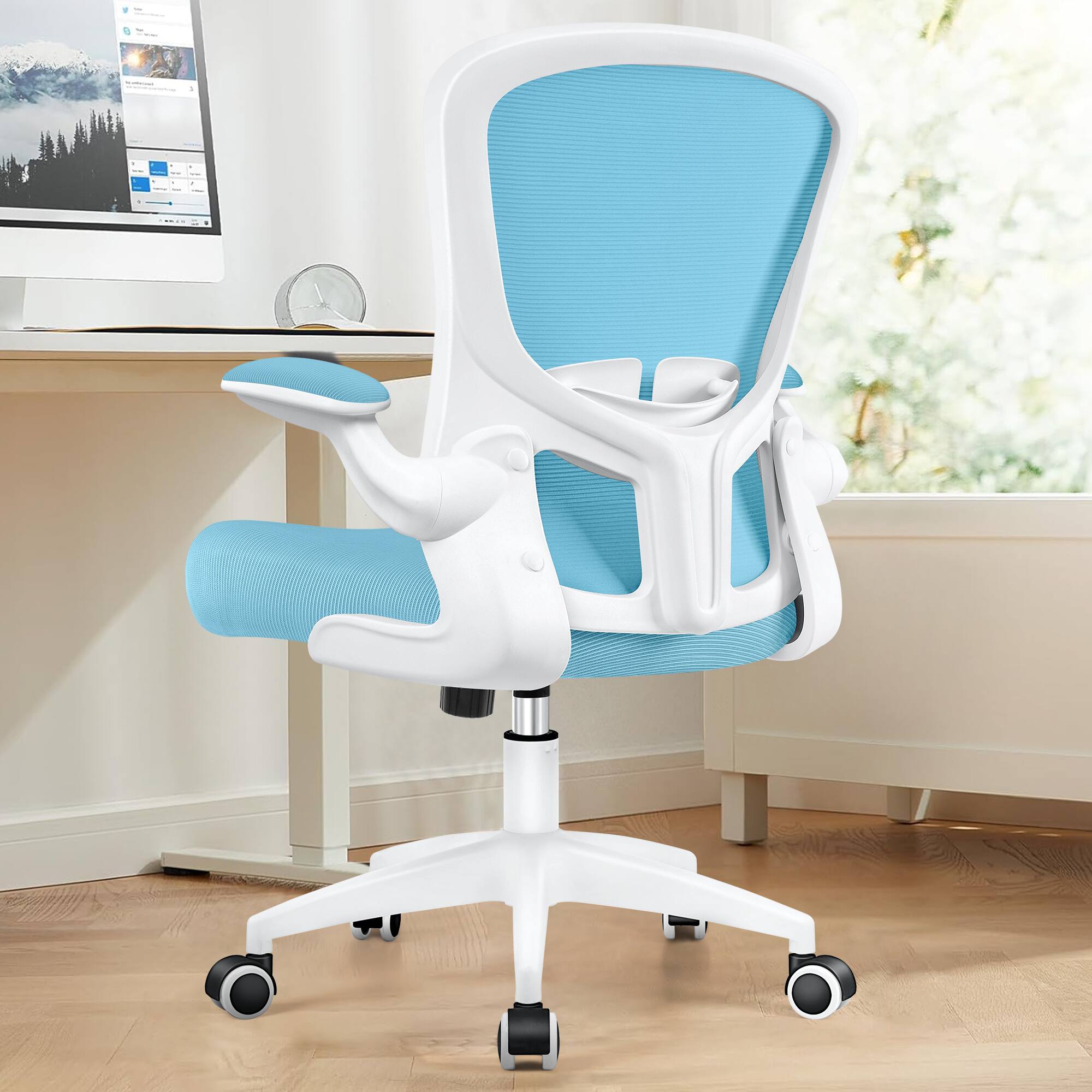 Left. Brick Attic - Office Desk Chairs, Ergonomic Swivel PC Desk Chair with Wheels Mesh Backrest, Adjustable Lumbar Support and Height - Blue.