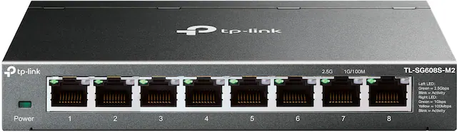 The text on the image reads: "TP-Link TP 2.5G 1000Mbps TL-SG608S-M2 Power 1 2 3 4 5 6 7 B Lam MERIT Green . 2.500ps onk - Activity LED Orange - 100/p4 Taa . Activity."