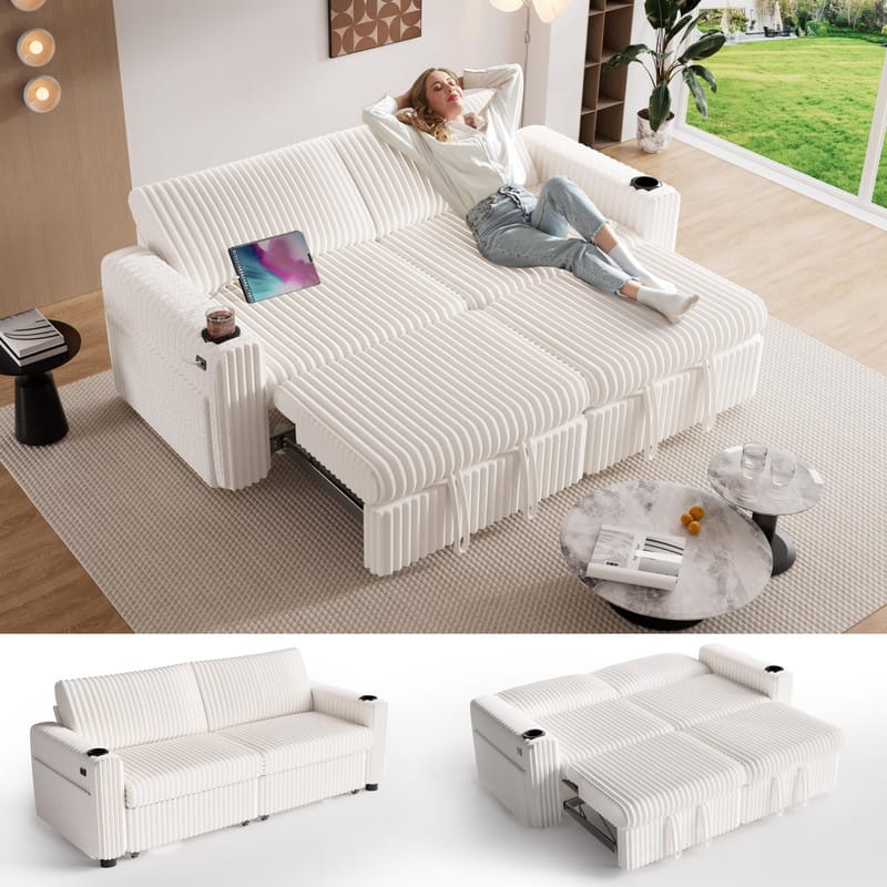 Front. Dyonery - Dyonery 91” Sectional Sleeper Sofa Bed with Pull Out Bed, Oversized Loveseat Sleeper Sofa with Reclining Backrest - Beige.