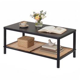Costway - 2-Tier Boho Coffee Table for, Rectangular Center Table with Rubber Wood Frame - Black