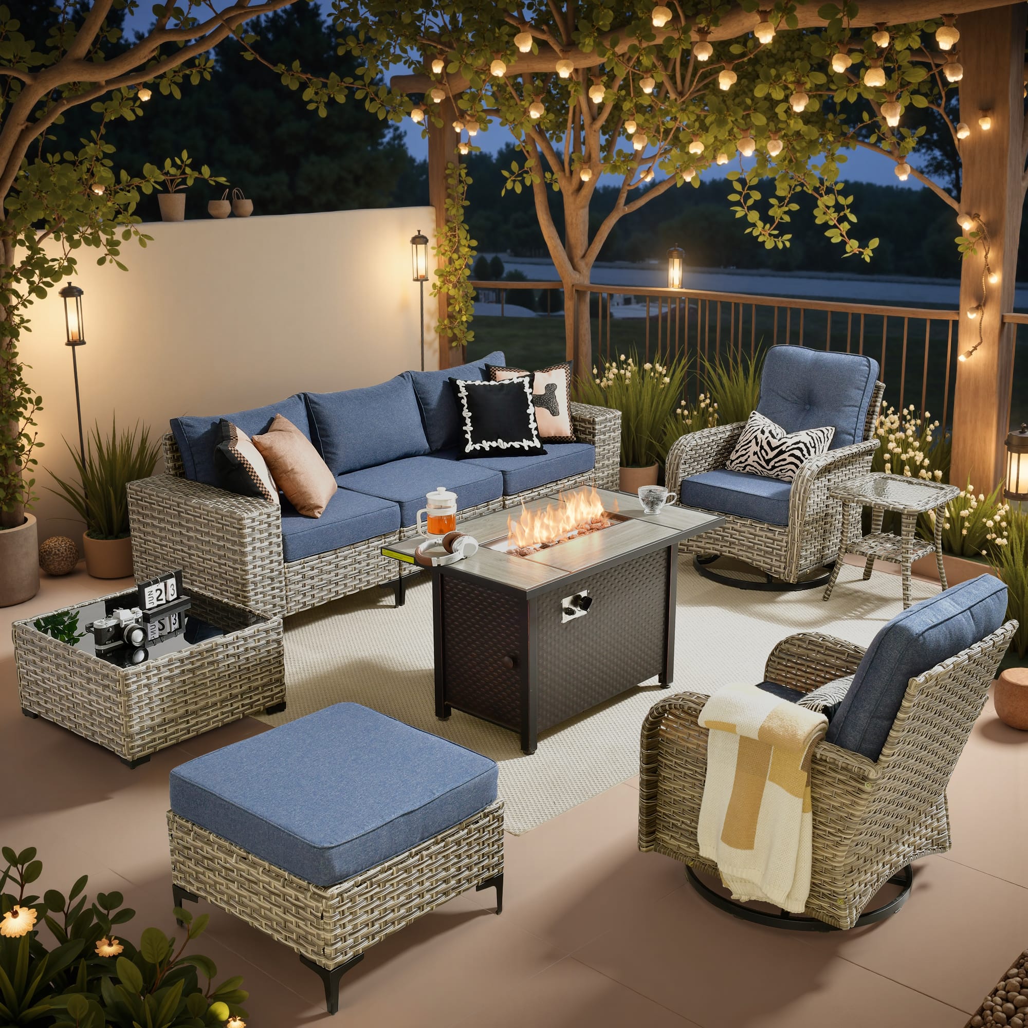 Ovios - 9 PCS Patio Furniture with Fire Pit, Sectional Sofa with Rattan Swivel Chairs, Ottoman & Coffee Table - Denim Blue