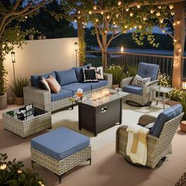 Ovios - 9 PCS Patio Furniture with Fire Pit, Sectional Sofa with Rattan Swivel Chairs, Ottoman & Coffee Table - Denim Blue