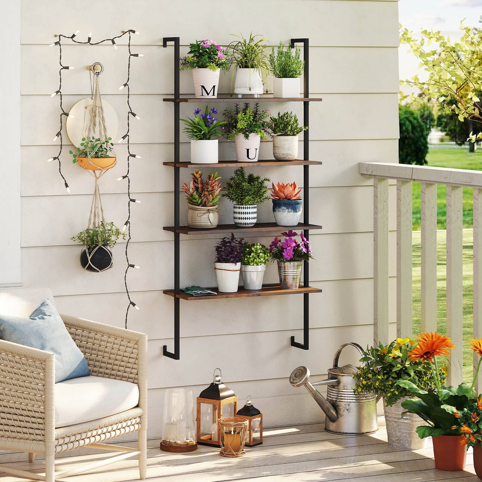 Alt View 4. Costway - Costway 2 PCS 4-Tier Ladder Shelf Bookshelf Industrial Wall Shelf with Metal Frame - Brown.