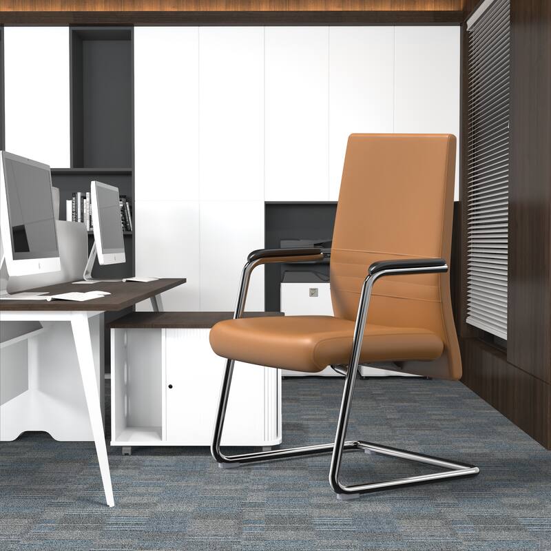 Angle. LeisureMod - Aleen PU Leather Office Chair with Iron Frame, Ergonomic Support, Fixed Armrests, Modern Desk Chair - Acorn Brown.
