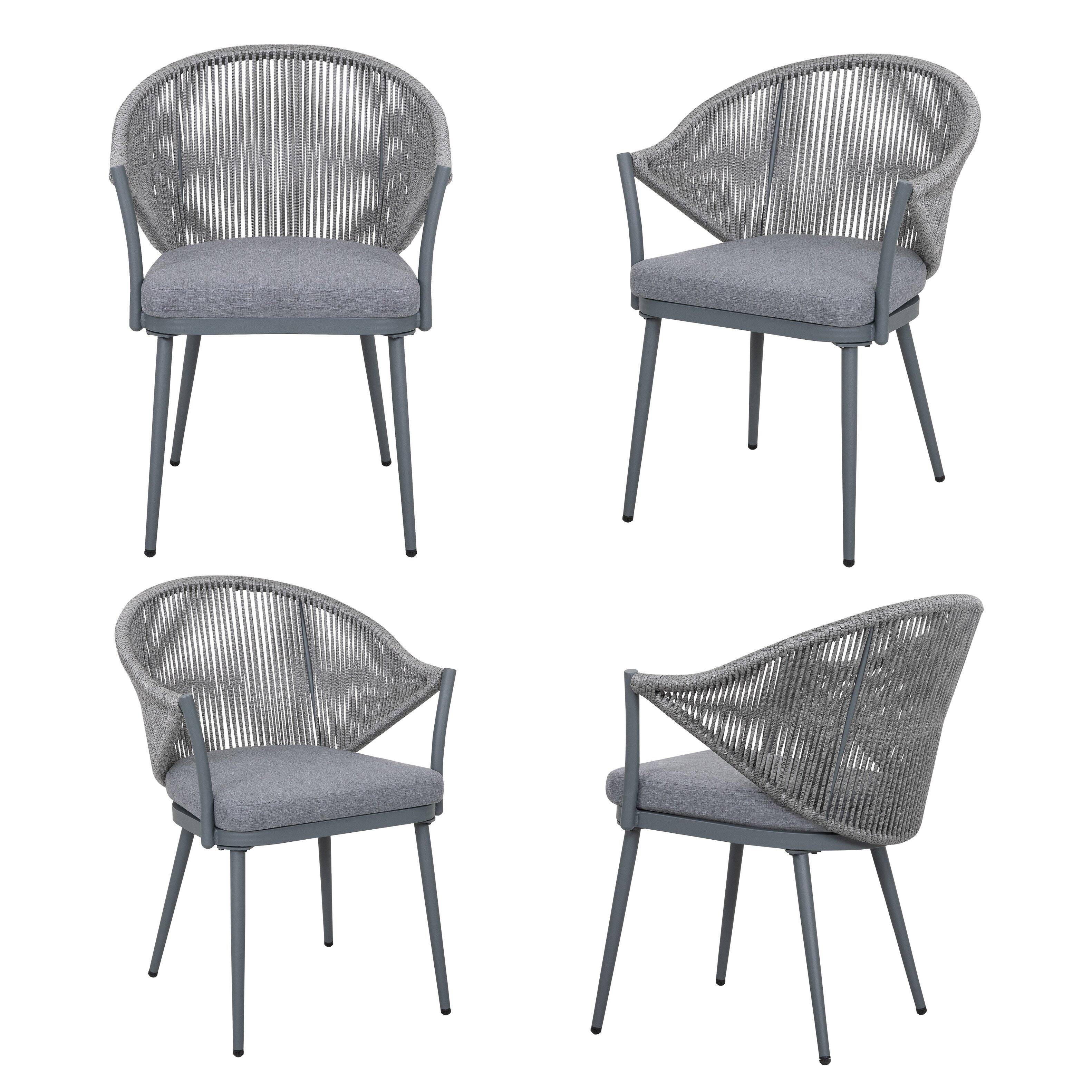 Nuu Garden - Outdoor Aluminum Chair Set of 4 Woven Rope Conversation Chairs with Seat Cushions - Dark Gray