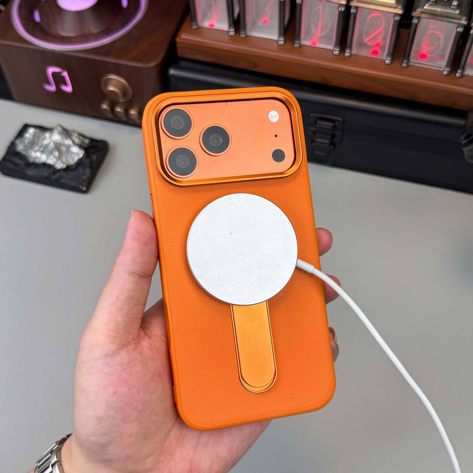 Alt View 9. Dteck - Rugged Magnetic Case for Apple iPhone 17 Pro Max with Integrated Stand, Slim Shockproof Dual Layer Protective Cover - Orange.