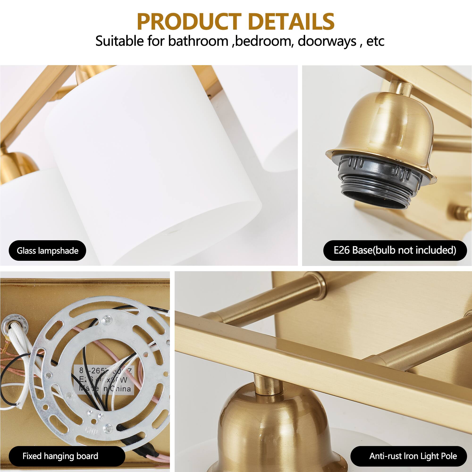 PRODUCT DETAILS  
Suitable for bathroom, bedroom, doorways, etc  

- Glass lampshade  
- E26 Base (bulb not included)  
- Fixed hanging board  
- Anti-rust Iron Light Pole  

8-26530  
E: 7 x 6 x 8  
Made in China