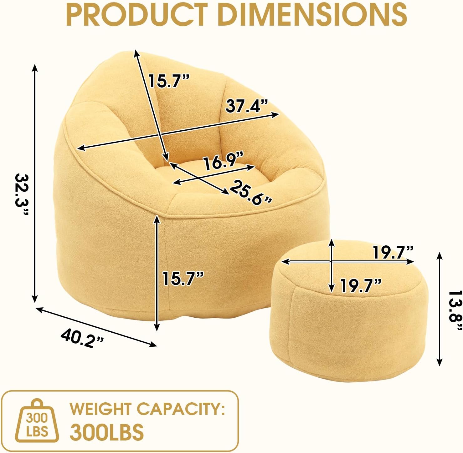 PRODUCT DIMENSIONS

- Height: 37.4"
- Width: 40.2"
- Depth: 32.3"
- Seat Height: 15.7"
- Seat Depth: 16.9"
- Seat Width: 25.6"
- Armrest Height: 15.7"
- Armrest Width: 19.7"
- Footrest Height: 19.7"
- Footrest Depth: 13.8"

WEIGHT CAPACITY: 300 LBS