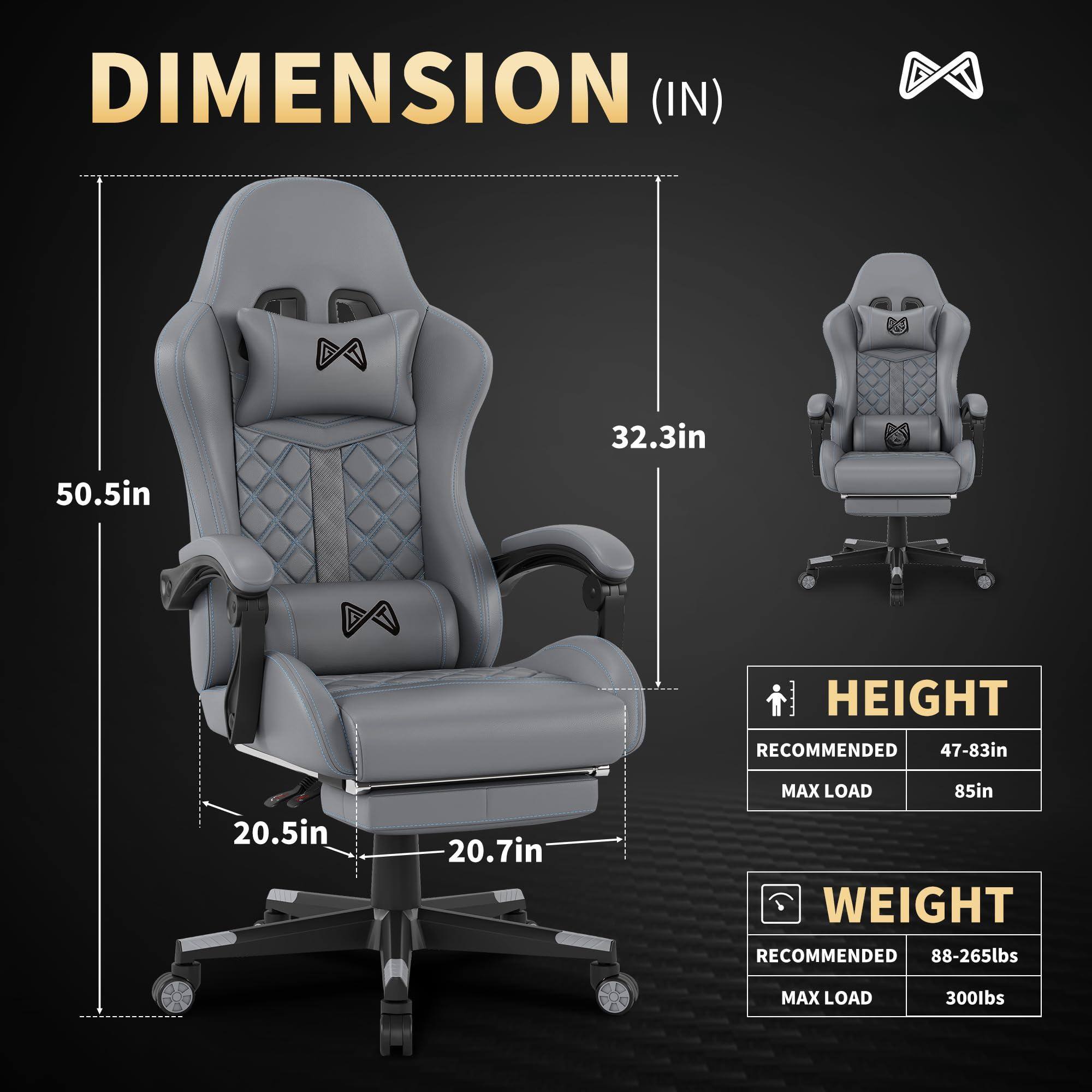 **DIMENSION (IN)**

- **HEIGHT**
  - RECOMMENDED: 47-83in
  - MAX LOAD: 85in

- **WEIGHT**
  - RECOMMENDED: 88-265lbs
  - MAX LOAD: 300lbs

- **DIMENSIONS**
  - 50.5in (height)
  - 32.3in (width)
  - 20.5in (depth)
  - 20.7in (seat width)