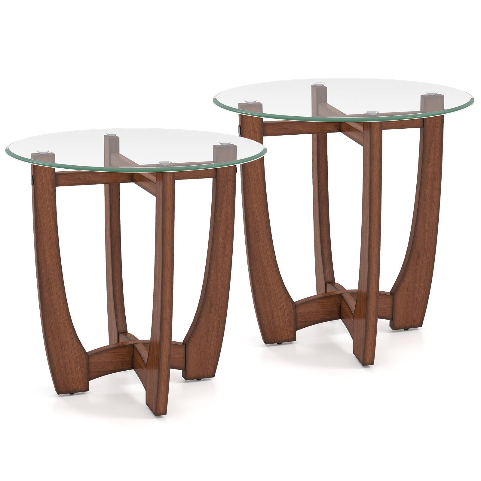 Alt View 9. Gymax - Gymax 2PCS Round Side Table w/Glass Tabletop Cross-shaped Solid Rubber Wood Frame Clear Walnut - Brown.