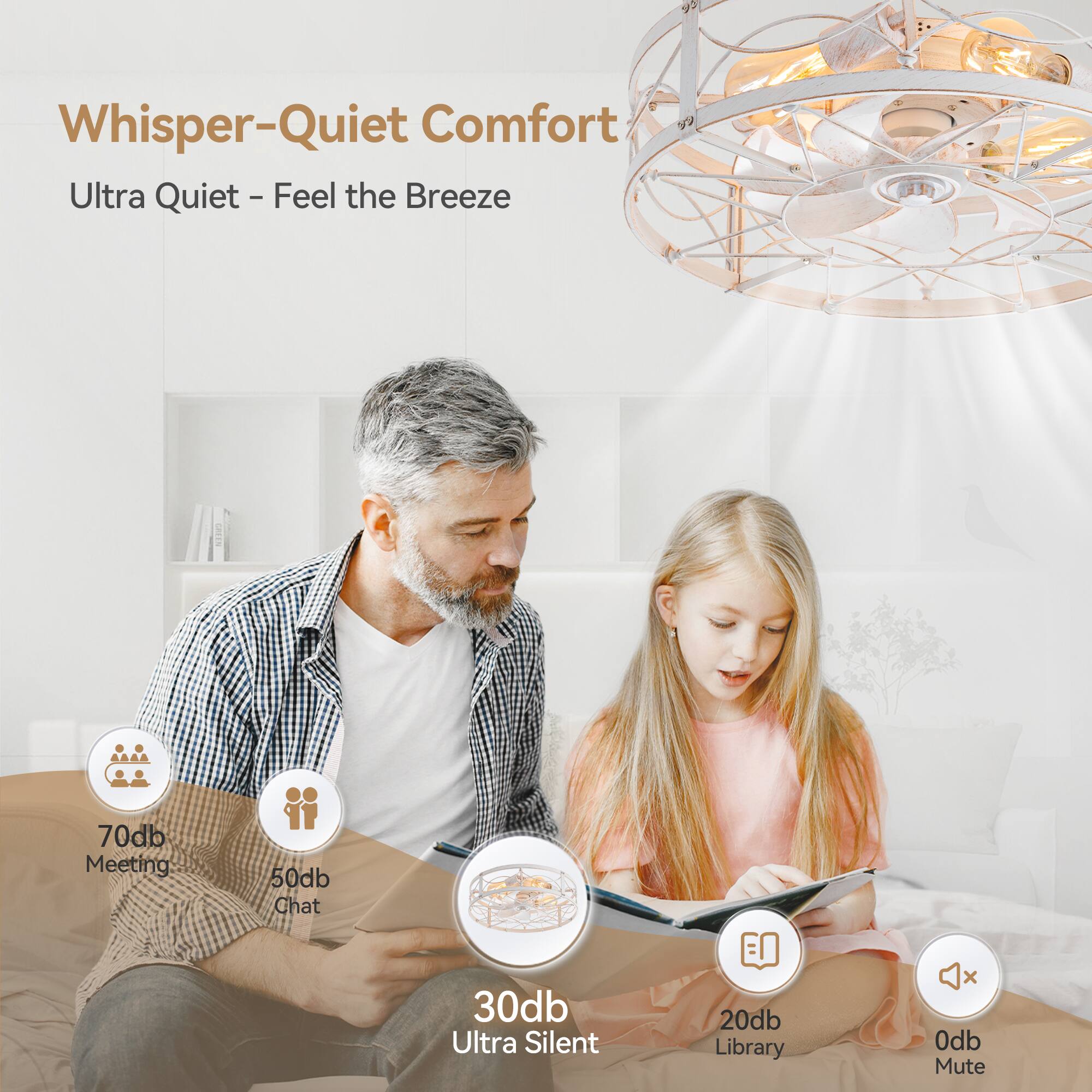 Whisper-Quiet Comfort, Ultra Quiet - Feel the Breeze, 70db Meeting, 50db Chat, 30db Ultra Silent, 20db Library, 0db Mute