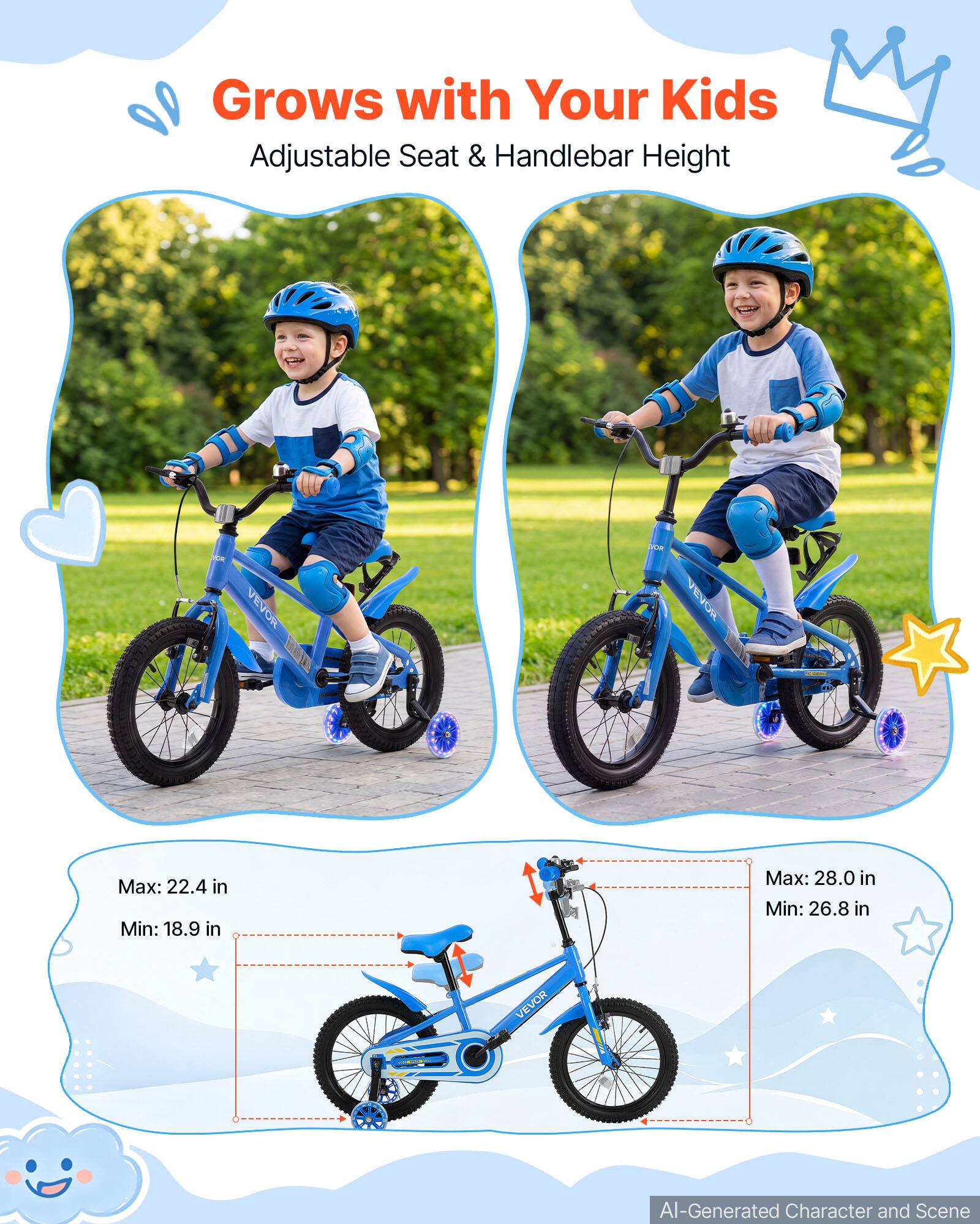 Grows with Your Kids  
Adjustable Seat & Handlebar Height  

VEVOR  
Max: 22.4 in  
Min: 18.9 in  
Max: 28.0 in  
Min: 26.8 in  

AI-Generated Character and Scene