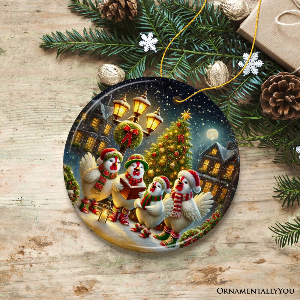 Back. OrnamentallyYou - Delightful Victorian Chicken Carolers Ornament Cozy Christmas Tree Decor Circle Version - Multi-colored.