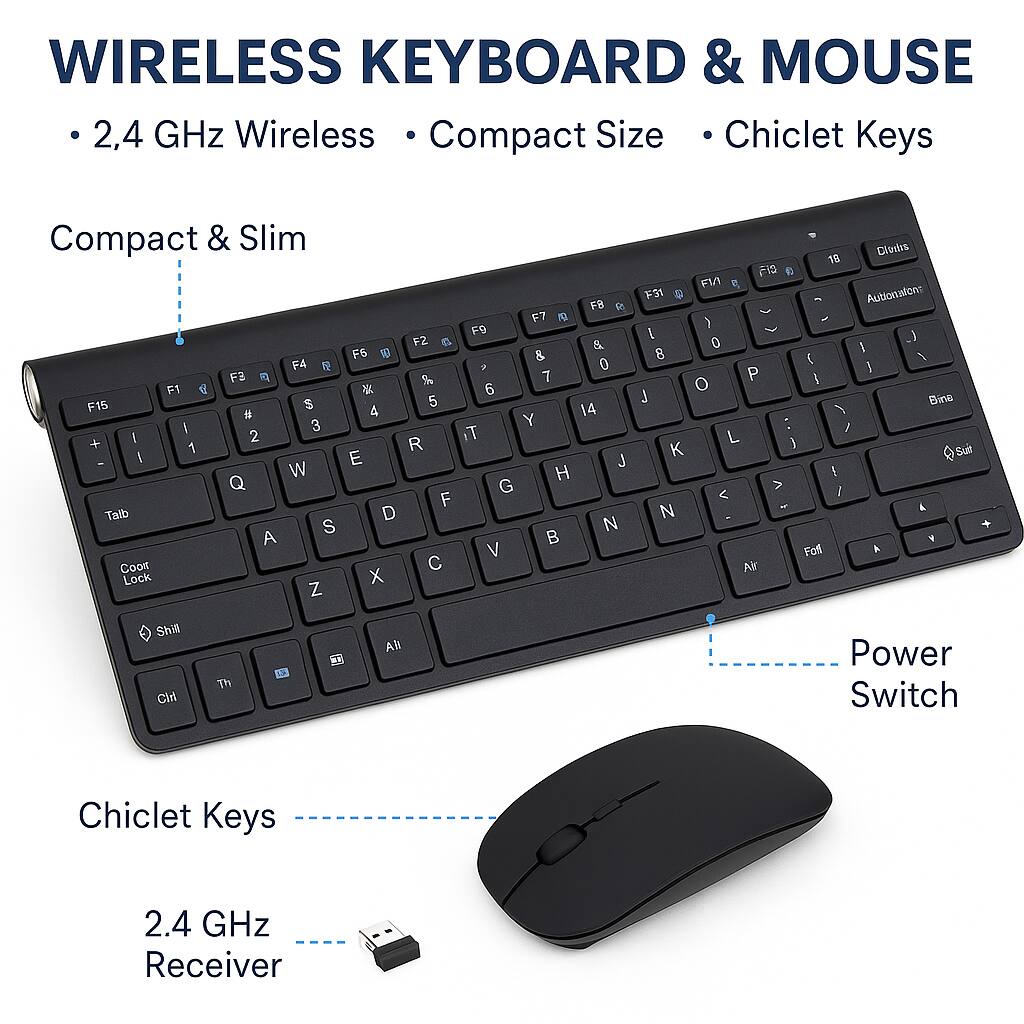 WIRELESS KEYBOARD & MOUSE
2,4 GHz Wireless
Compact Size
Chiclet Keys
Compact & Slim
Power Switch
Chiclet Keys
2.4 GHz Receiver