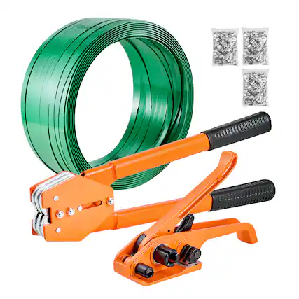 Front. VEVOR - Banding Strapping Kit, Heavy Duty Banding Sealer Tool with 1000 ft Length PET Band, 300 Metal Seals - Orange; Green.