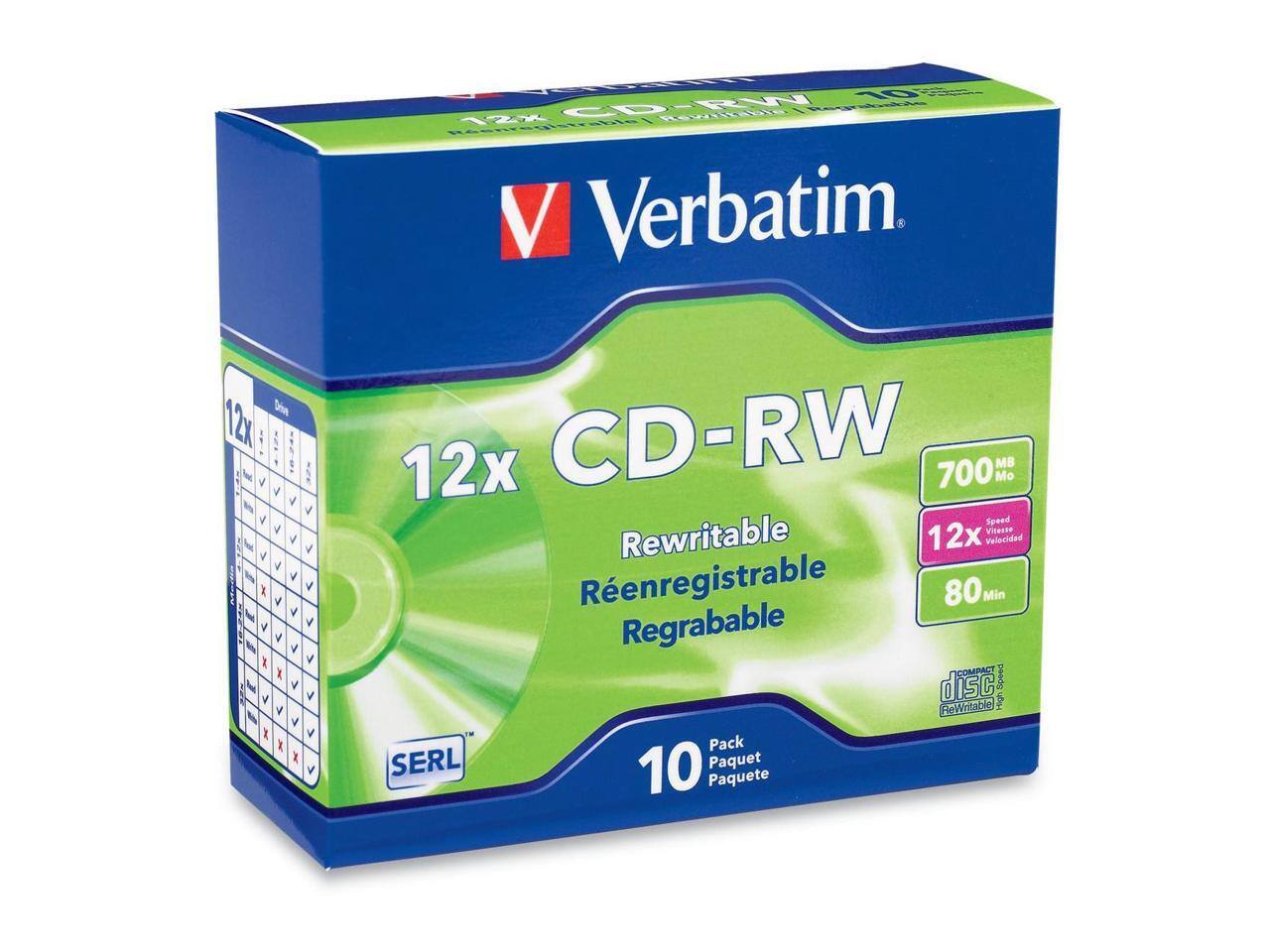 Verbatim - 700MB 12X CD-RW 10 Packs Slim Jewel Case Disc Model 95156 - Silver