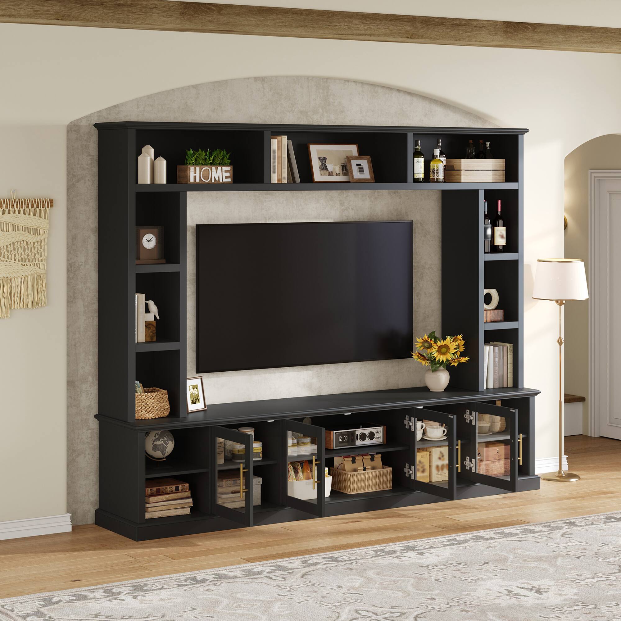 Left. Whisen - All-in-One Entertainment Center Wall Unit for TVs up to 80-Inch,TV Stand with Storage Shelves and Tempered Glass Doors - Black.