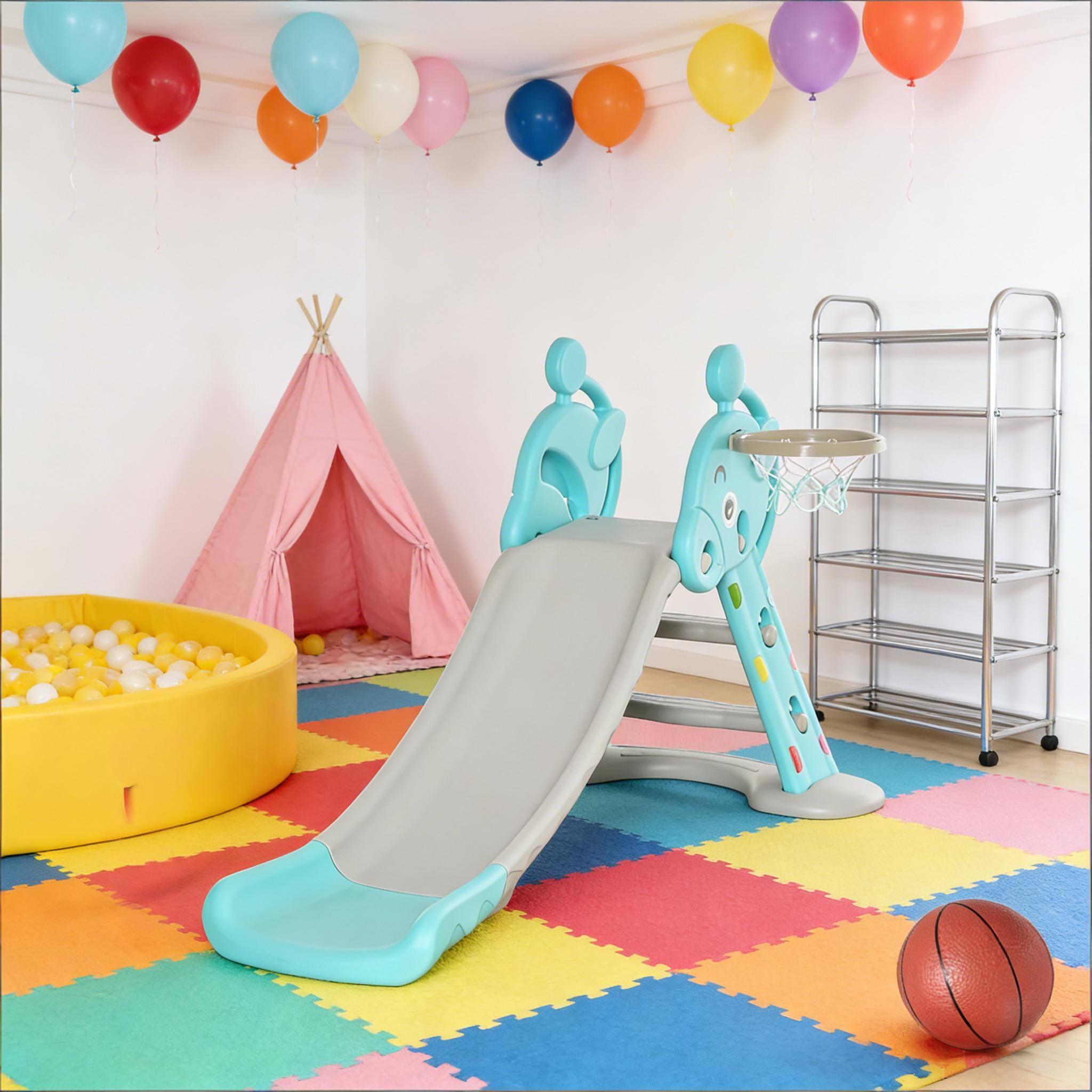 Siljoy - Foldable 2-in-1 Giraffe Kids Slide with Basketball Hoop, Freestanding, 44lb Capacity, Ages 18mo-4, No Tools - Blue,Gray price history on PriceWatchPro