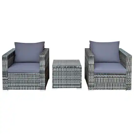Front. Costway - 3 PCS Patio Rattan Furniture Bistro Set Cushioned Sofa Chair Glass Table Garden - Mix Grey/Grey.