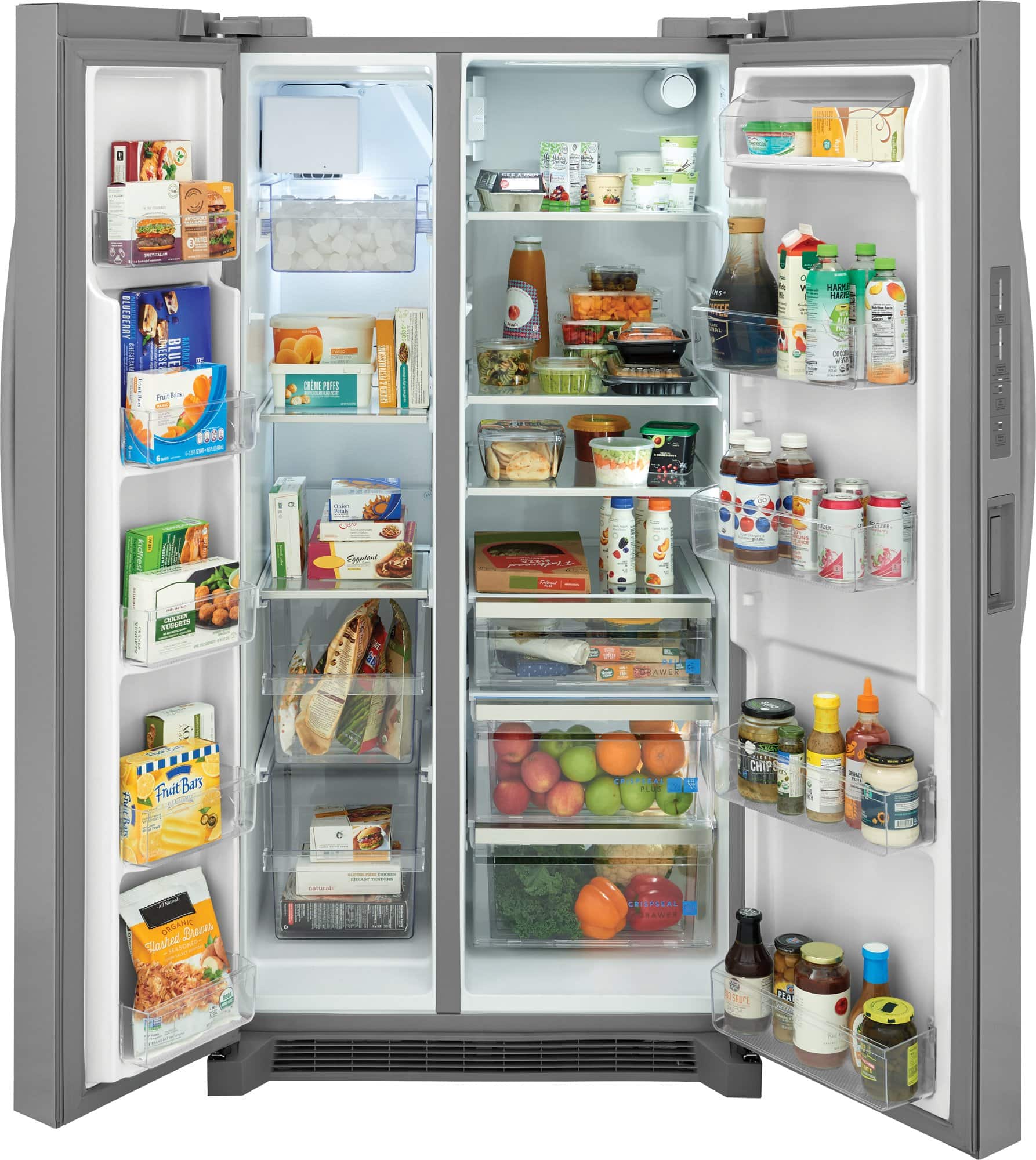 The image shows an open refrigerator filled with various food items. The refrigerator contains a variety of bottles, including some on the top shelf and others on the bottom shelf. There are also several oranges placed in the refrigerator, with some located near the middle and others towards the bottom. Additionally, there are two bowls, one on the top shelf and another on the bottom shelf. The refrigerator is well-stocked with a diverse assortment of food items.