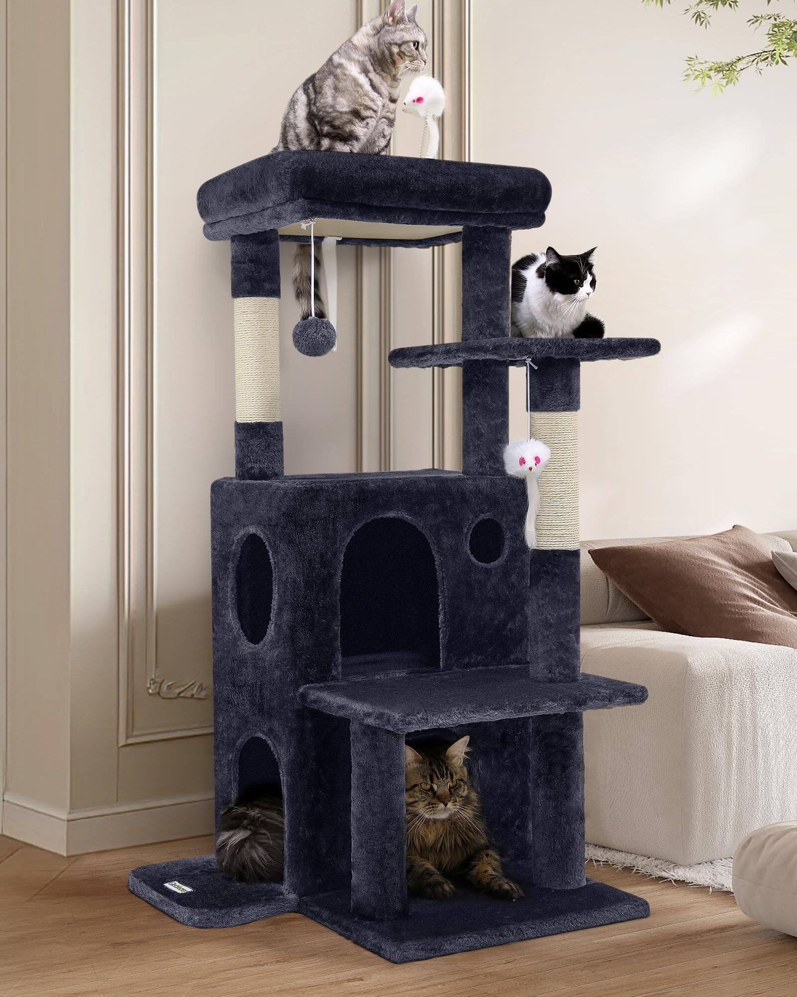 Angle. Hirose Alice - Cat Tree Tower For Indoor Cats 50-inch Adult House With Steps 2 Caves Dangling Toys Fc50 Light - Dark Grey 50inch.