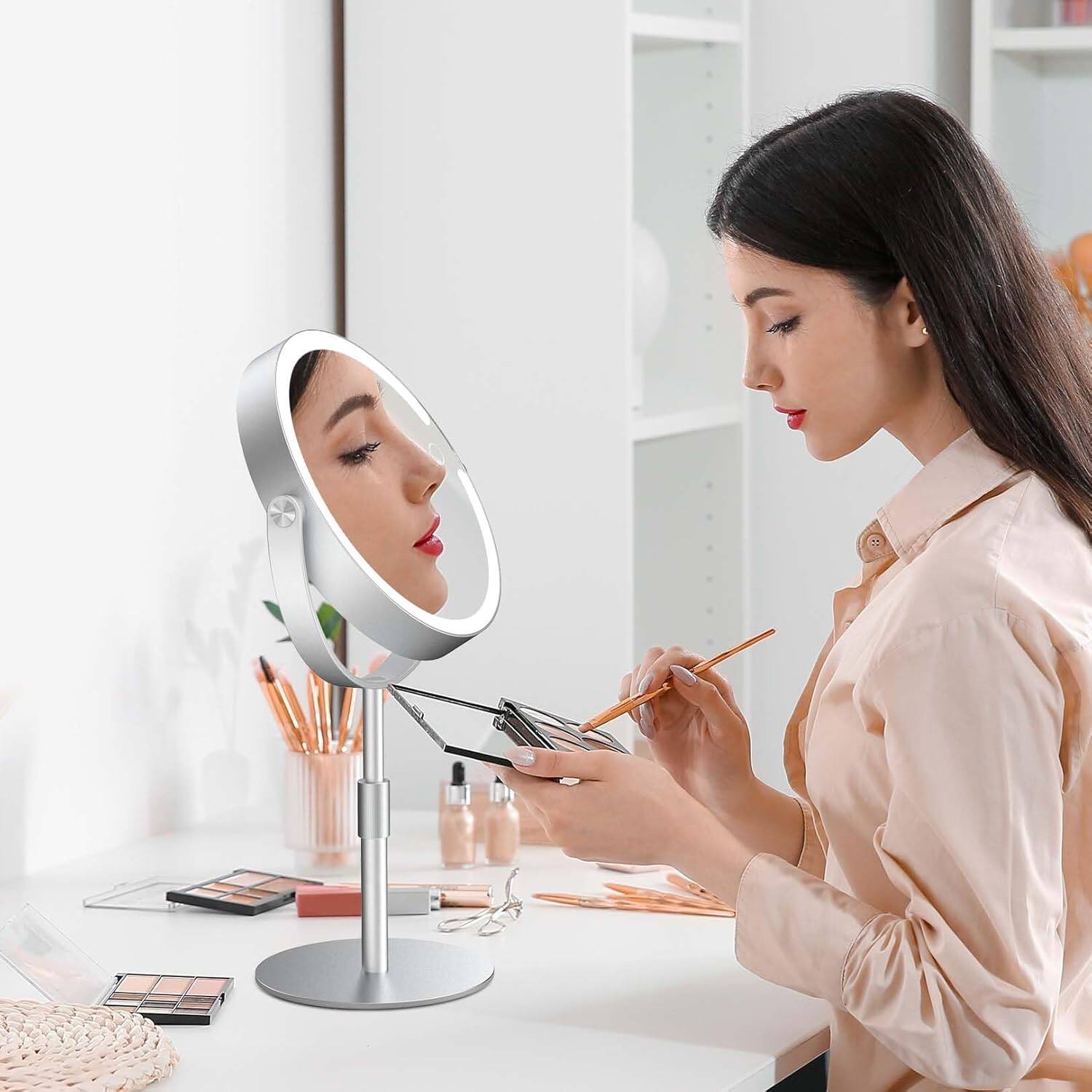 Alt View 3. Stamp n Camp - Dear girl Lighted Magnifying Mirror 10X 1X Magnification, Double Sided Makeup Mirror, Rechargeable LED Beauty with 3 - Silver.