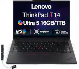 Lenovo - Upgraded - ThinkPad T14 Laptop 14.0 WUXGA (Intel Ultra 5-225U, 16GB DDR5, 1TB PCIe SSD, Win 11 Pro) w/USB Hub