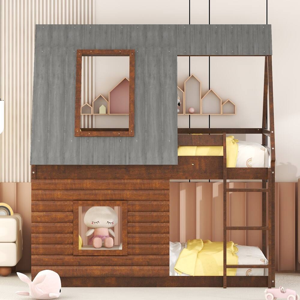 Left. Loheer - Loheer Wood Twin Over Twin House Bunk Bed with Roof and Windows Oak - Oak & Smoky Grey.