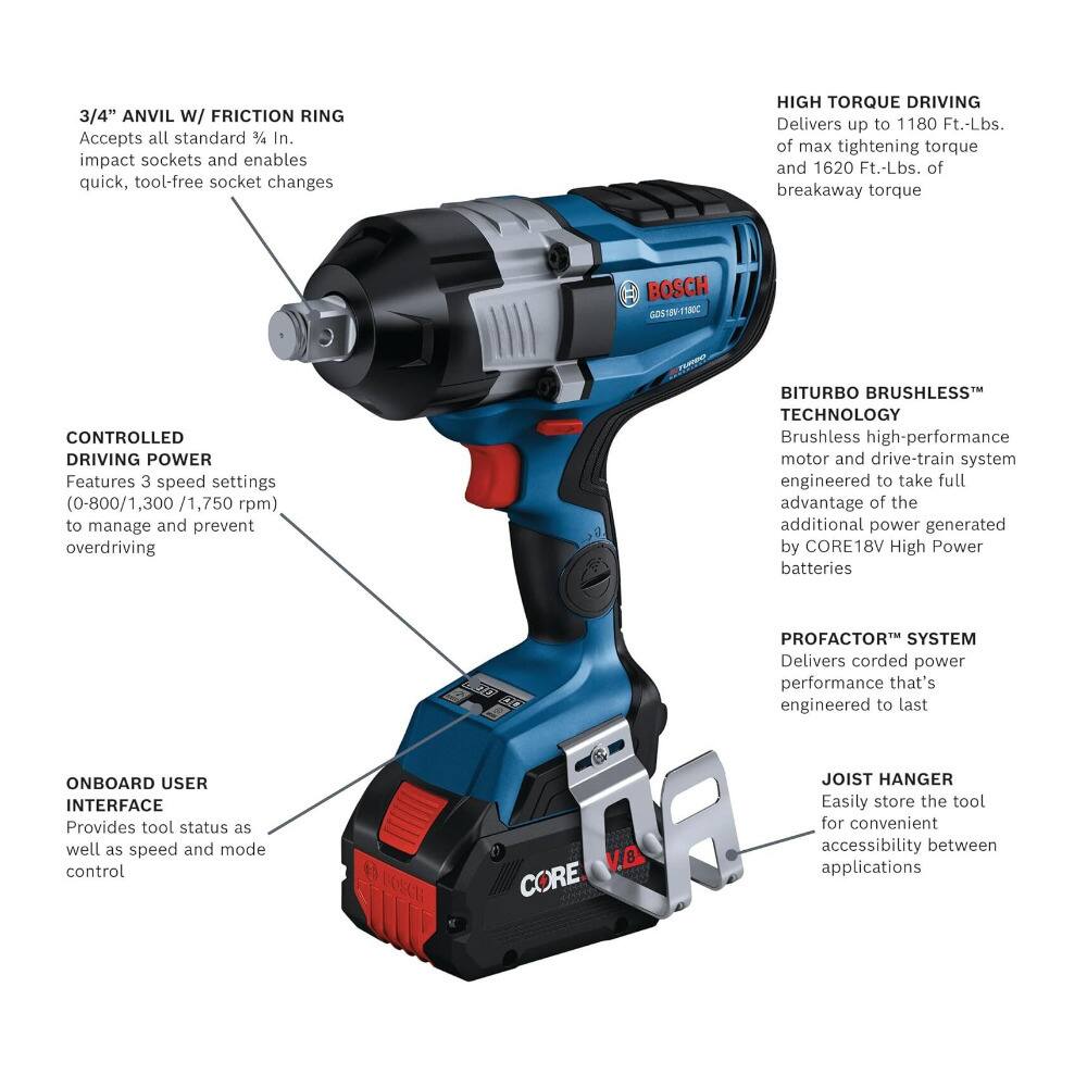 3/4" ANVIL w/ FRICTION RING  
Accepts all standard 3/4" impact sockets and enables quick, tool-free socket changes

HIGH TORQUE DRIVING  
Delivers up to 1180 Ft.-Lbs. of max tightening torque and 1620 Ft.-Lbs. of breakaway torque

CONTROLLED DRIVING POWER  
Features 3 speed settings (0-800/1,300/1,750 rpm) to manage and prevent overdriving

BITURBO BRUSHLESS™ TECHNOLOGY  
Brushless high-performance motor and drive-train system engineered to take full advantage of the additional power generated by CORE18V High Power batteries

PROFACTOR™ SYSTEM  
Delivers corded power performance that's engineered to last

ONBOARD USER INTERFACE  
Provides tool status as well as speed and mode control

JOIST HANGER  
Easily store the tool for convenient accessibility between applications